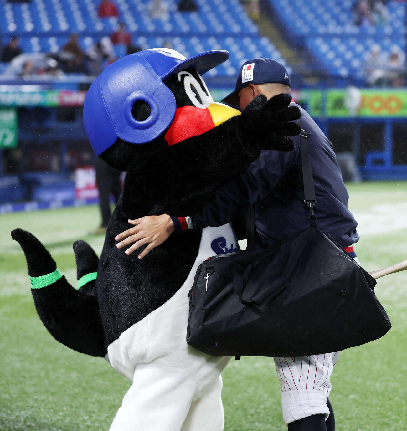 ヤクルト対広島　グランドに登場しヤクルトオスナ（右）と抱き合うつば九郎（撮影・鈴木正人）　