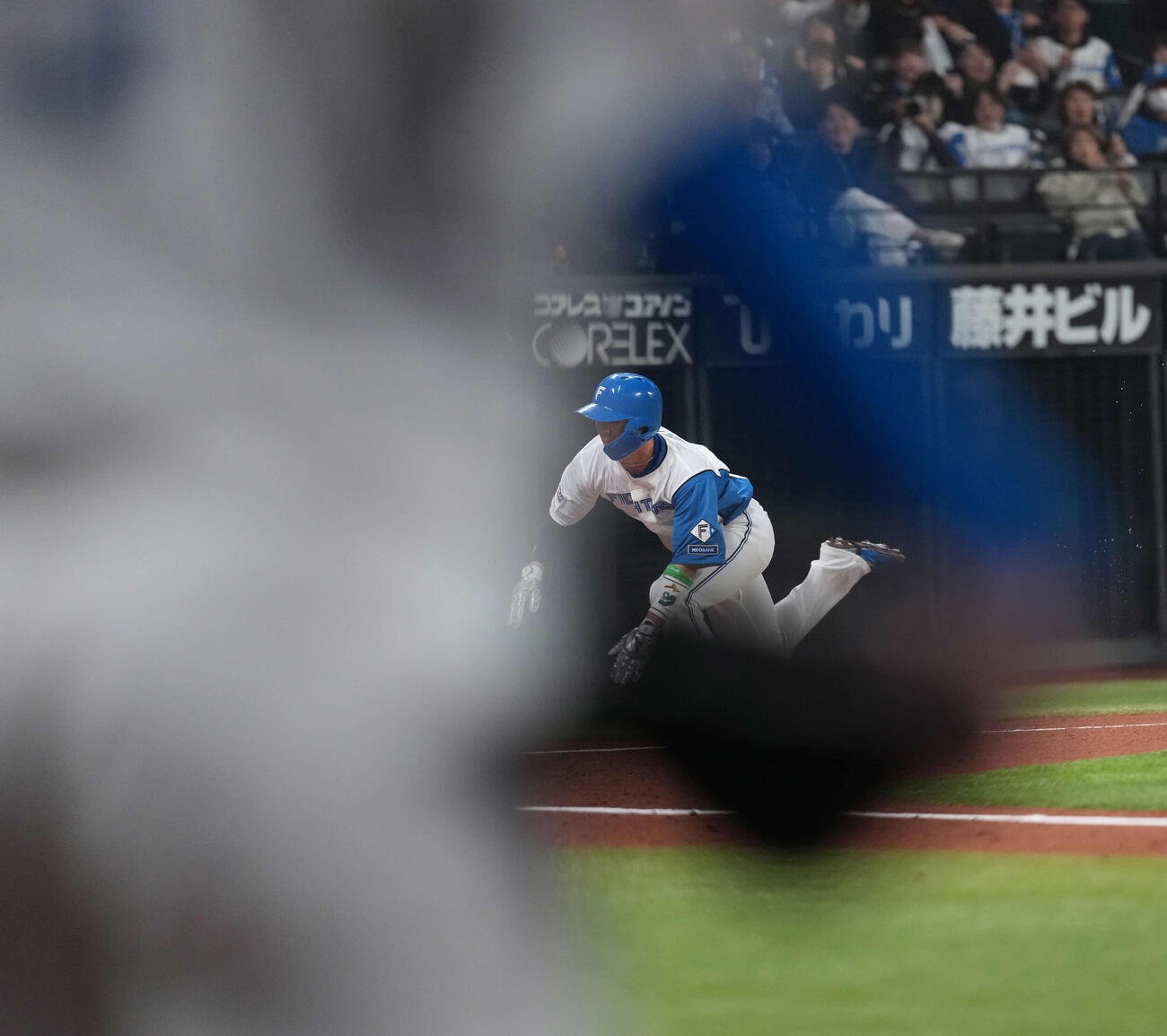 日本ハム対ロッテ　2回裏日本ハム1死一、二塁、木村優人の悪送球で生還する郡司（撮影・井上学）