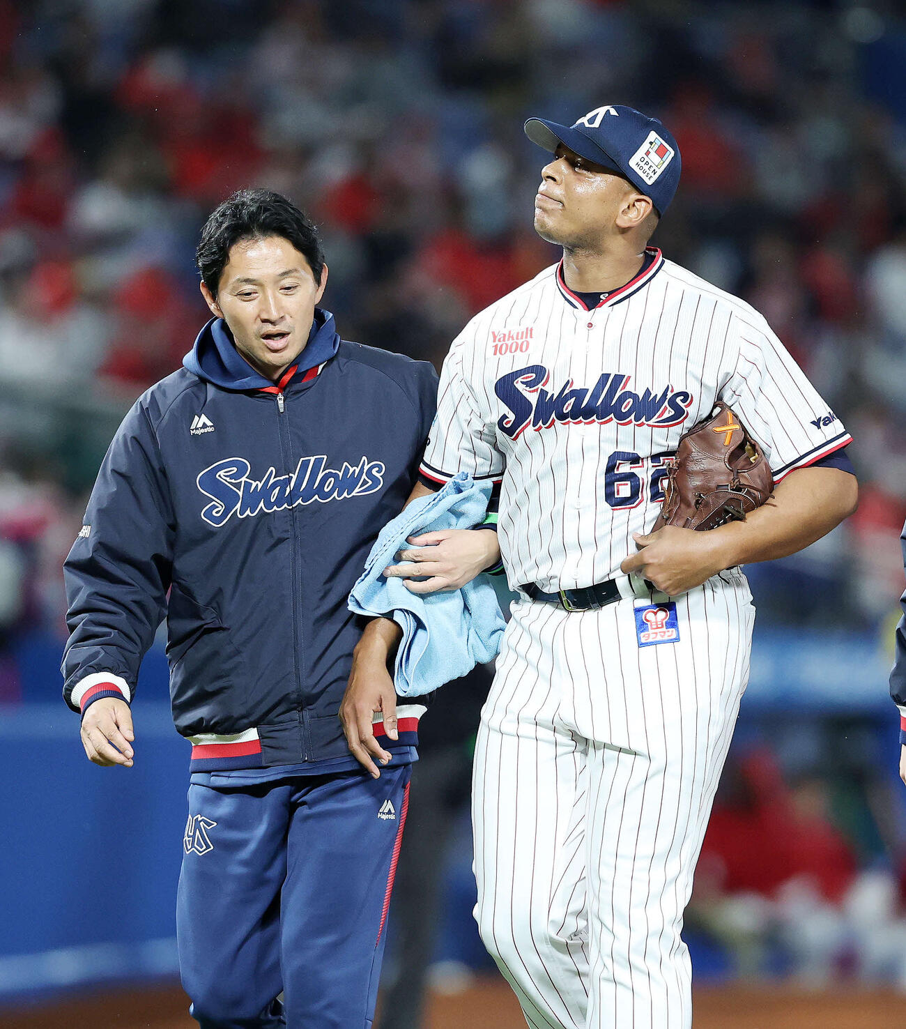 ヤクルト対広島　7回表、打球が体に当たりベンチに引き揚げるリランソ（撮影・鈴木正人）　