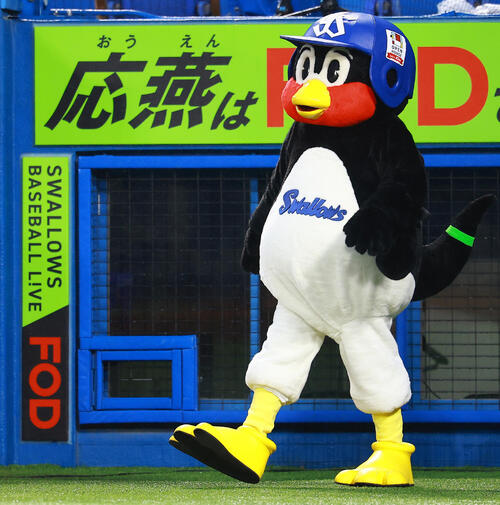 ヤクルト】活動再開の「つば九郎」、妹「つばみ」と7回裏前に登場