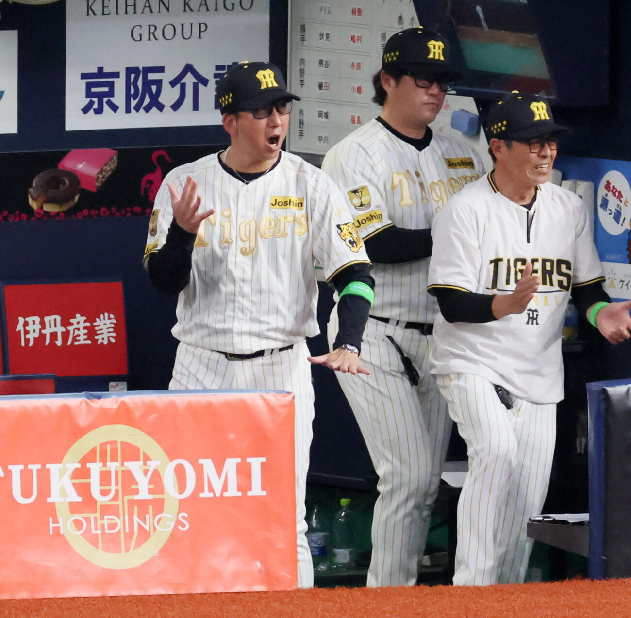 阪神対DeNA 6回裏阪神無死二、三塁、ベンチの藤川監督は高寺の中犠飛で追加点を挙げると声を出して気合いのこもった表情を見せる（撮影・加藤哉）