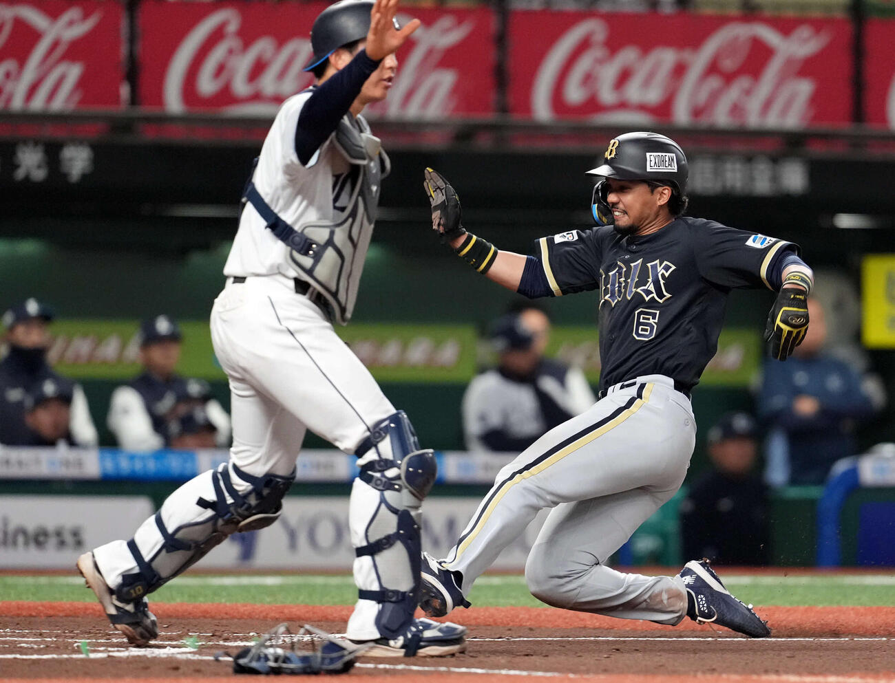 西武対オリックス　6回表オリックス無死二塁、広岡の右前適時打で生還する宗（撮影・たえ見朱実）
