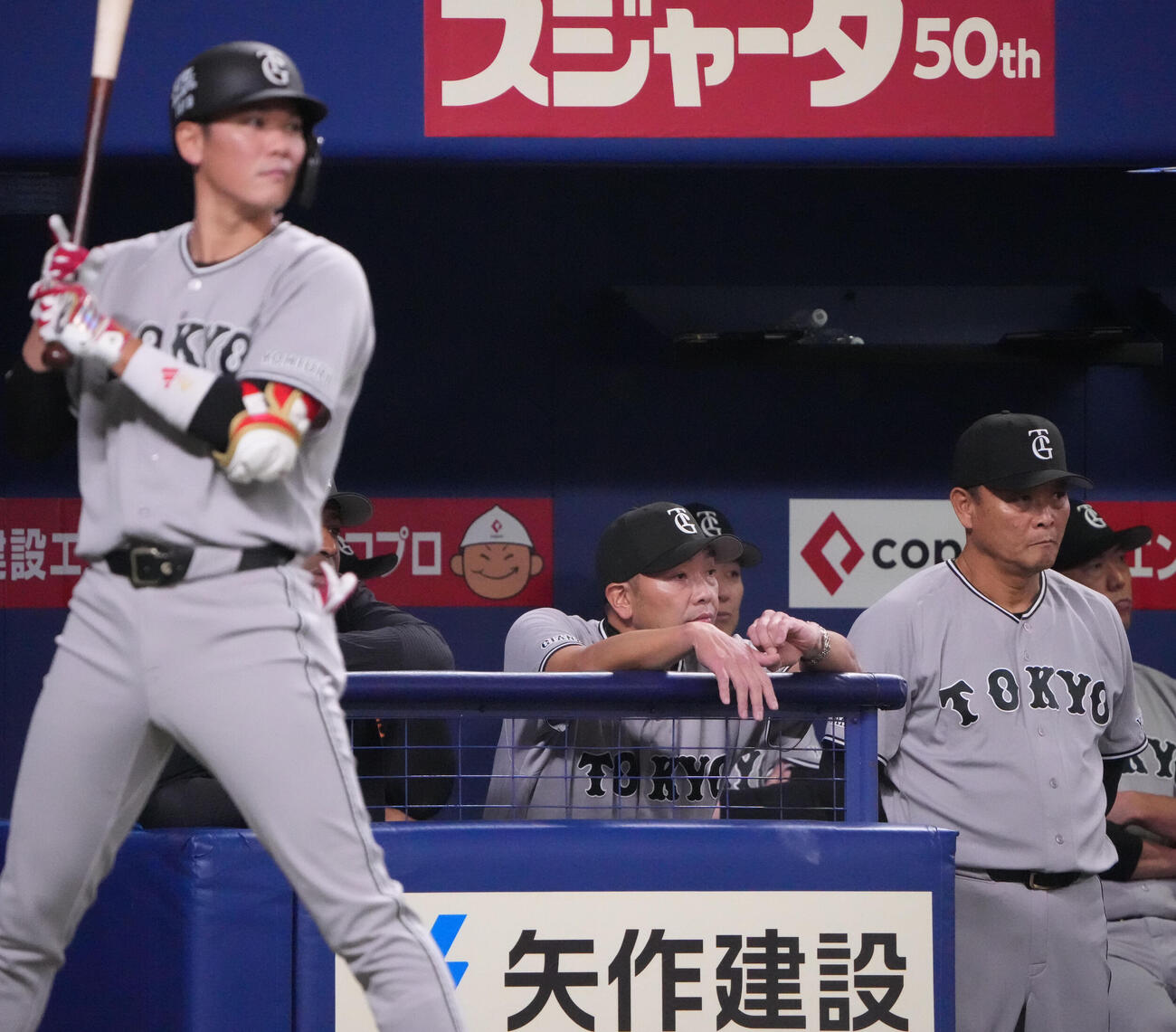 中日対巨人　7回表、阿部監督（左から2人目）はベンチから試合を見つめる（撮影・森本幸一）