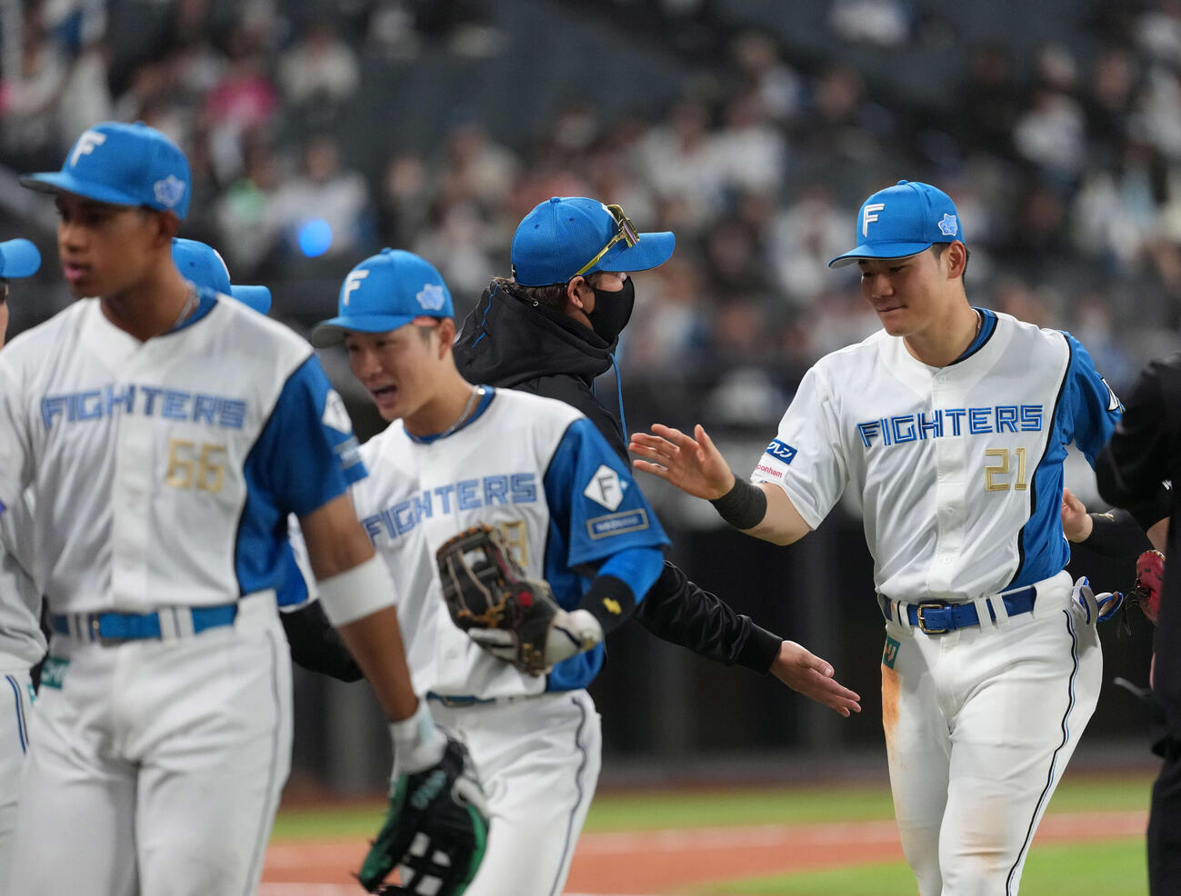日本ハム対ロッテ　勝利のハイタッチをかわす日本ハム新庄監督（撮影・井上学）