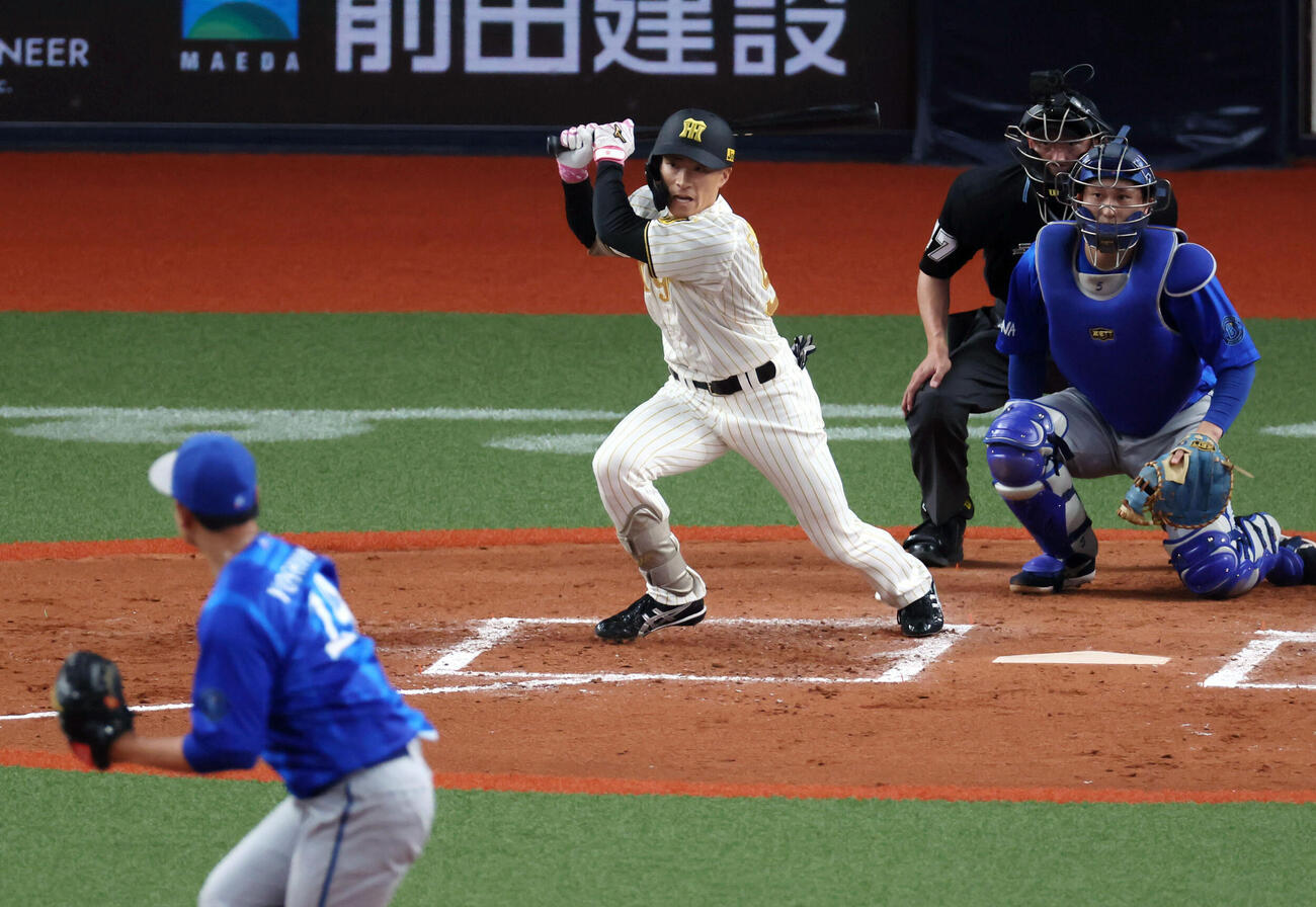 しぶとく粘って二ゴロに倒れた阪神福島圭音（2026年4月撮影）