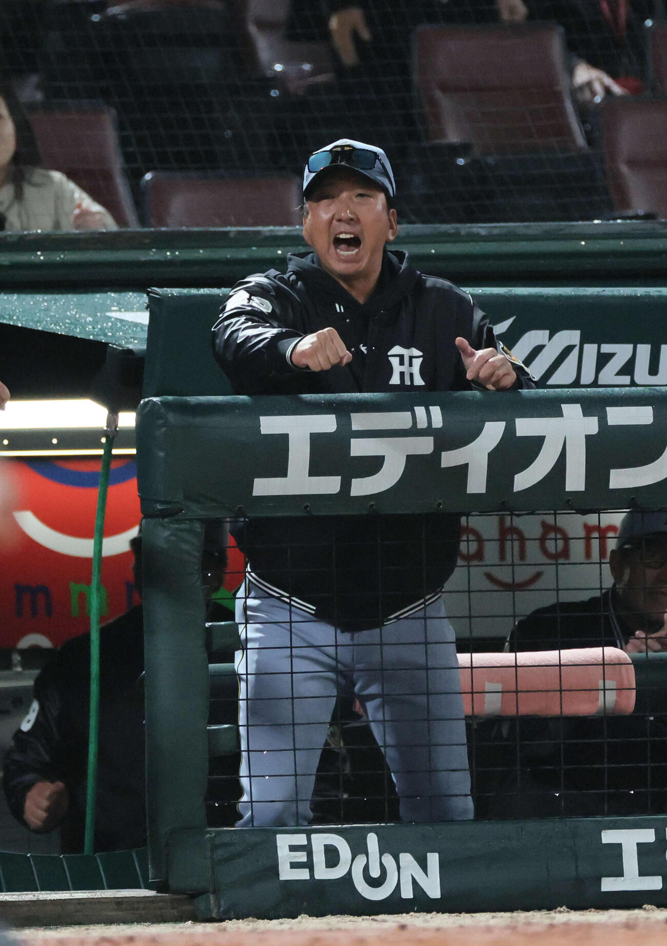広島対阪神　9回表阪神2死二、三塁、中野の同点左2点適時二塁打に沸く藤川監督（撮影・加藤孝規）