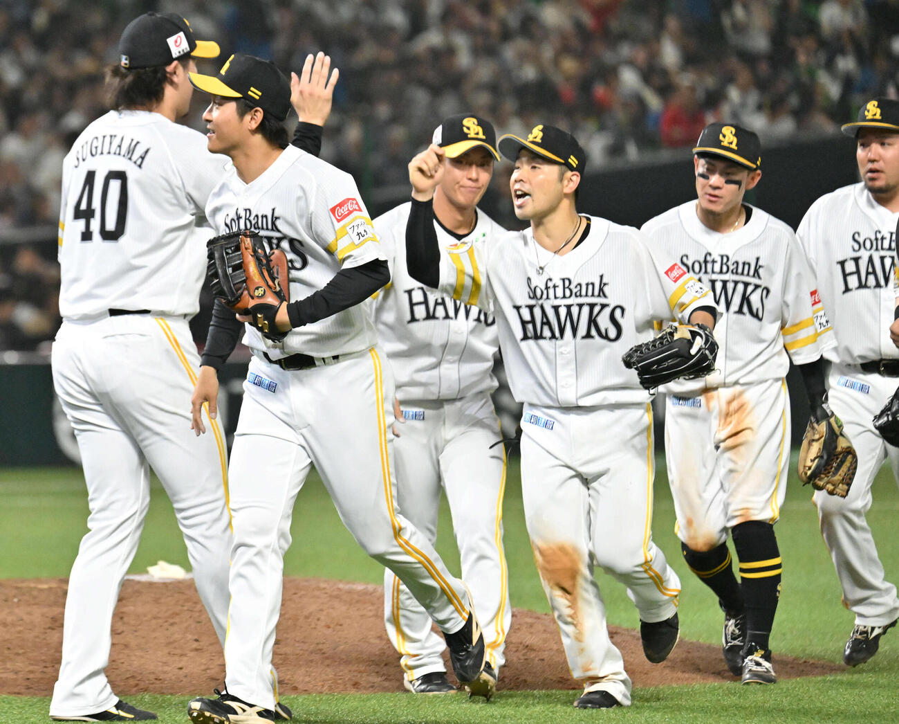 ソフトバンク対日本ハム　勝利を収めタッチを交わすソフトバンクナイン（2026年3月28日撮影）
