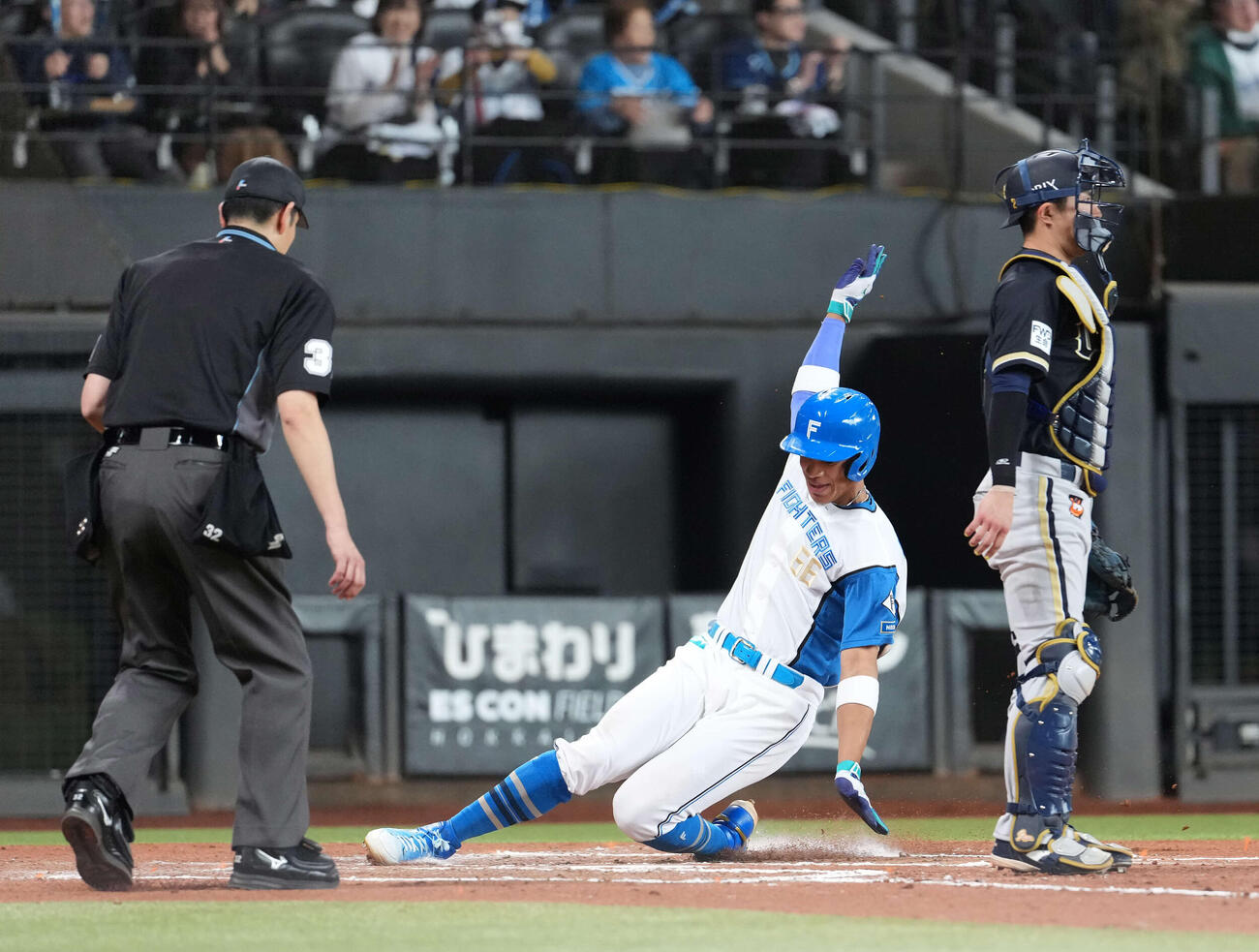 日本ハム対オリックス　6回、田宮裕涼の適時打で生還した万波（撮影・井上学）