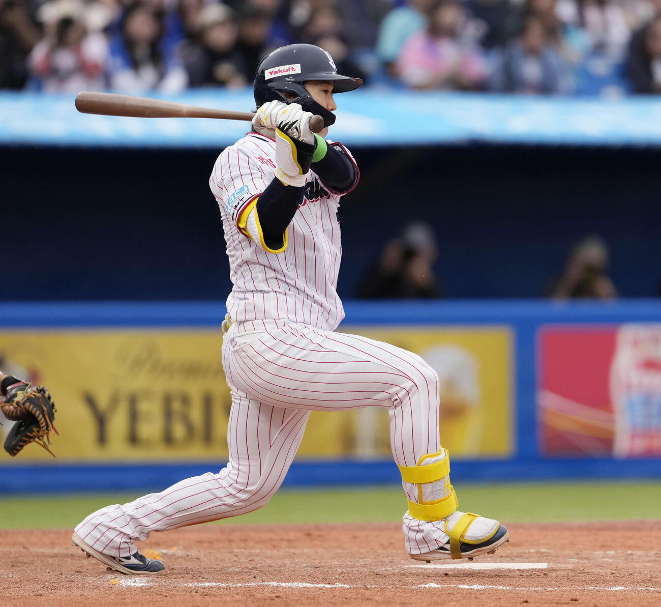 ヤクルト対中日　7回裏ヤクルト無死満塁、同点の2点適時打を放つ長岡（撮影・小島史椰）