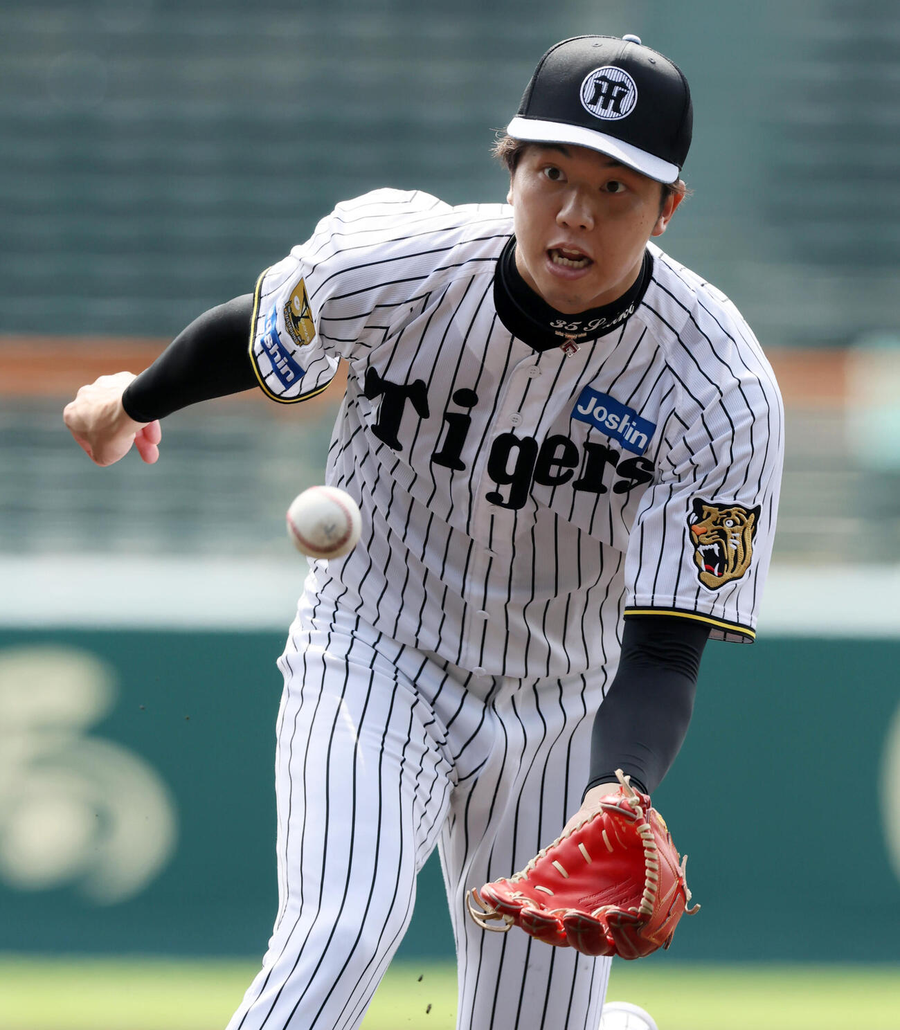 投内連係の練習でボールを捕球する阪神才木（撮影・加藤哉）