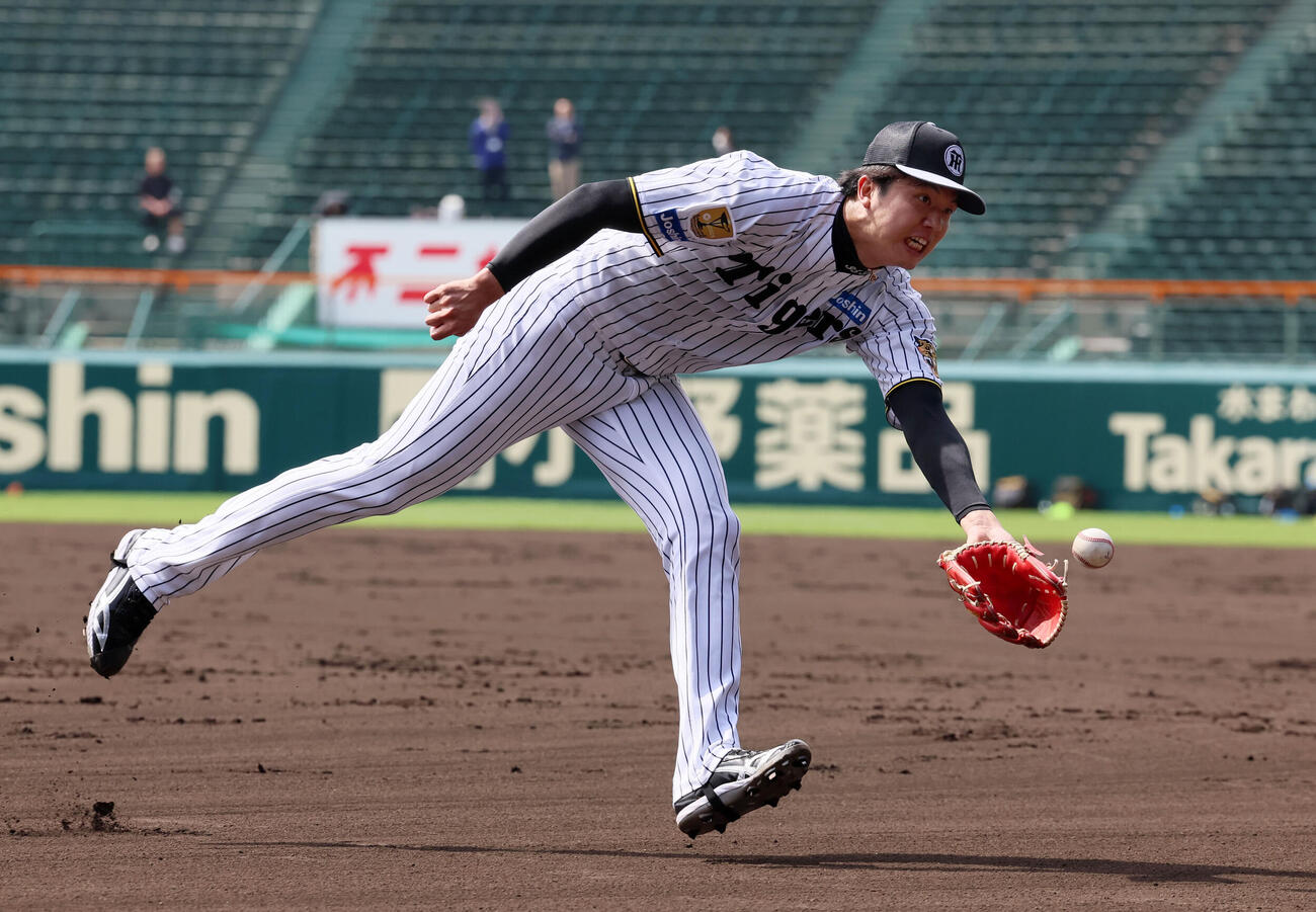 投内連係の練習で本塁へボールをトスする阪神才木（撮影・加藤哉）