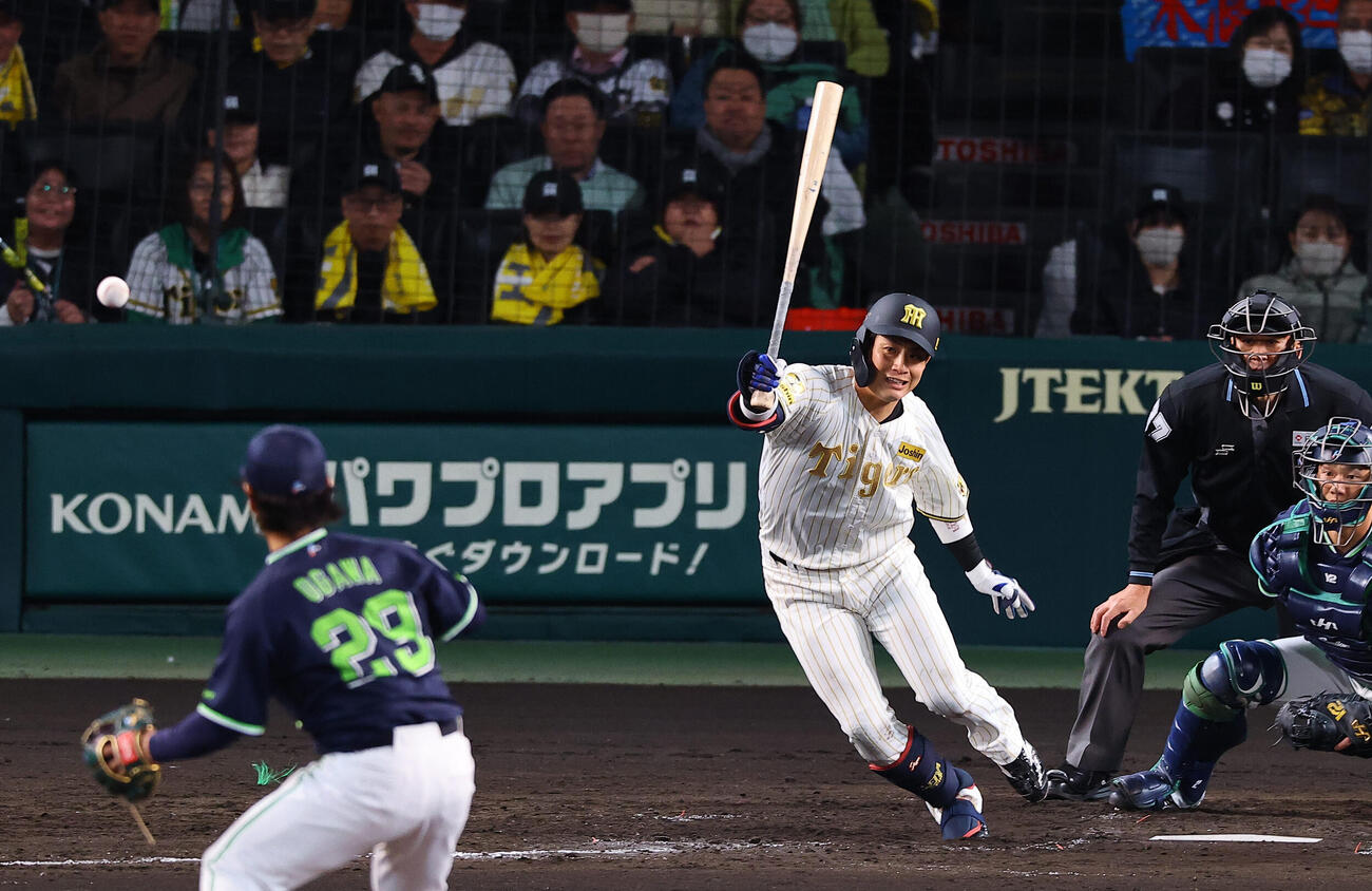 阪神対ヤクルト　4回裏阪神2死一、二塁、木浪の打球は伊藤の敵失を誘う（撮影・上田博志）