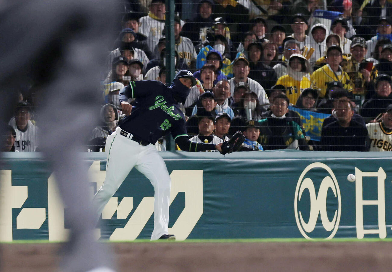阪神対ヤクルト　5回裏阪神1死二塁、サンタナは近本の飛球をエラーする（撮影・加藤哉）