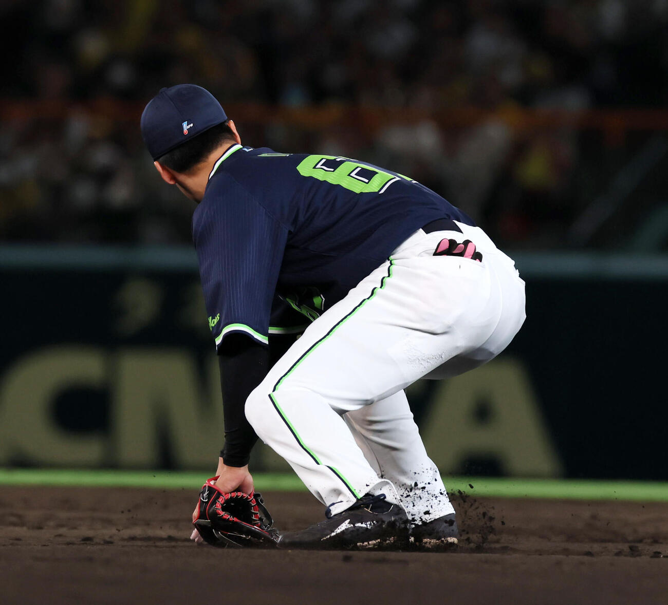 阪神対ヤクルト　4回裏阪神2死一、二塁、伊藤は木浪の打球を適時失策（撮影・加藤哉）