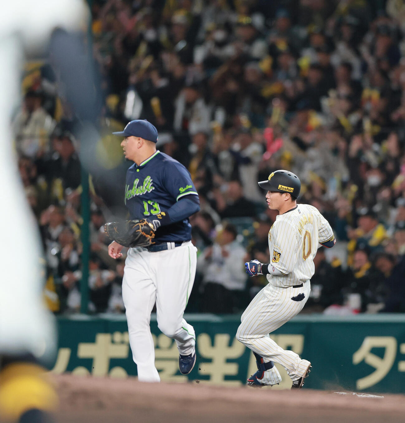 阪神対ヤクルト　4回裏阪神2死一、二塁、木浪（右）は二塁手伊藤が後逸し出塁する（撮影・上山淳一）