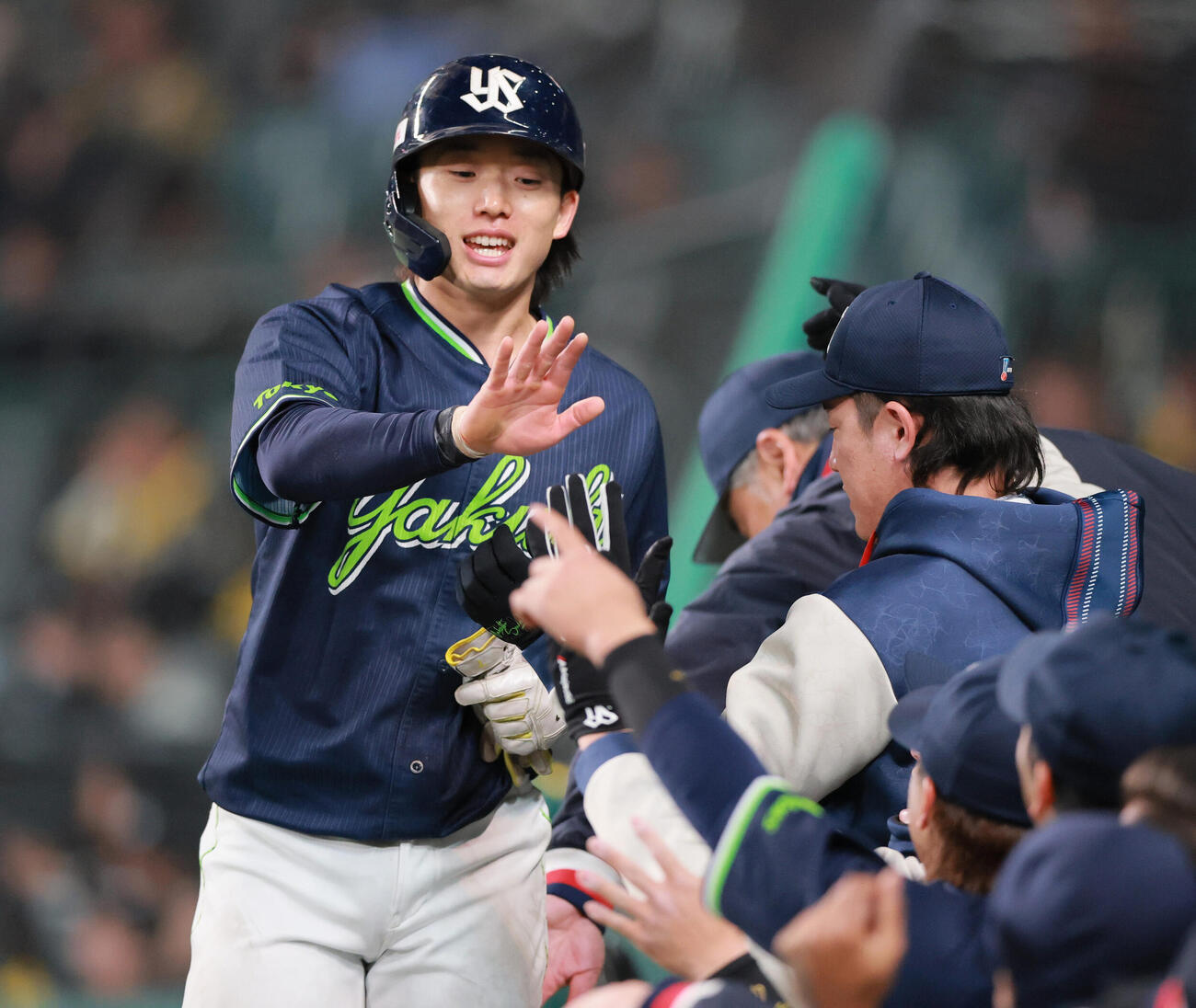 阪神対ヤクルト　4回表ヤクルト2死三塁、三走長岡はオスナの適時打で生還しナインとタッチをかわす（撮影・上山淳一）