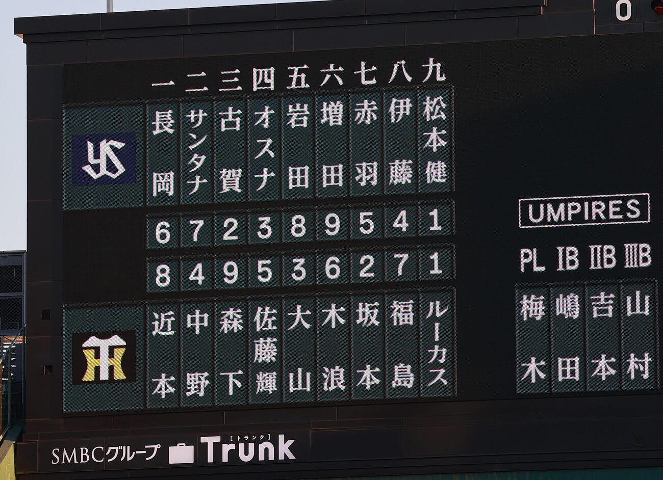 阪神対ヤクルト　両チームのスタメン（撮影・上山淳一）