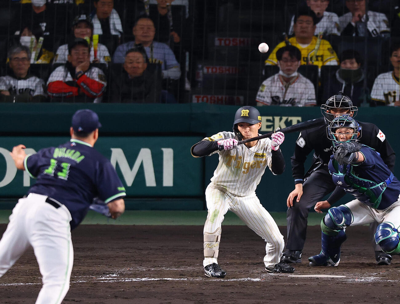 阪神対ヤクルト　9回裏阪神無死二塁、福島圭は送りバントを失敗する（撮影・上田博志）
