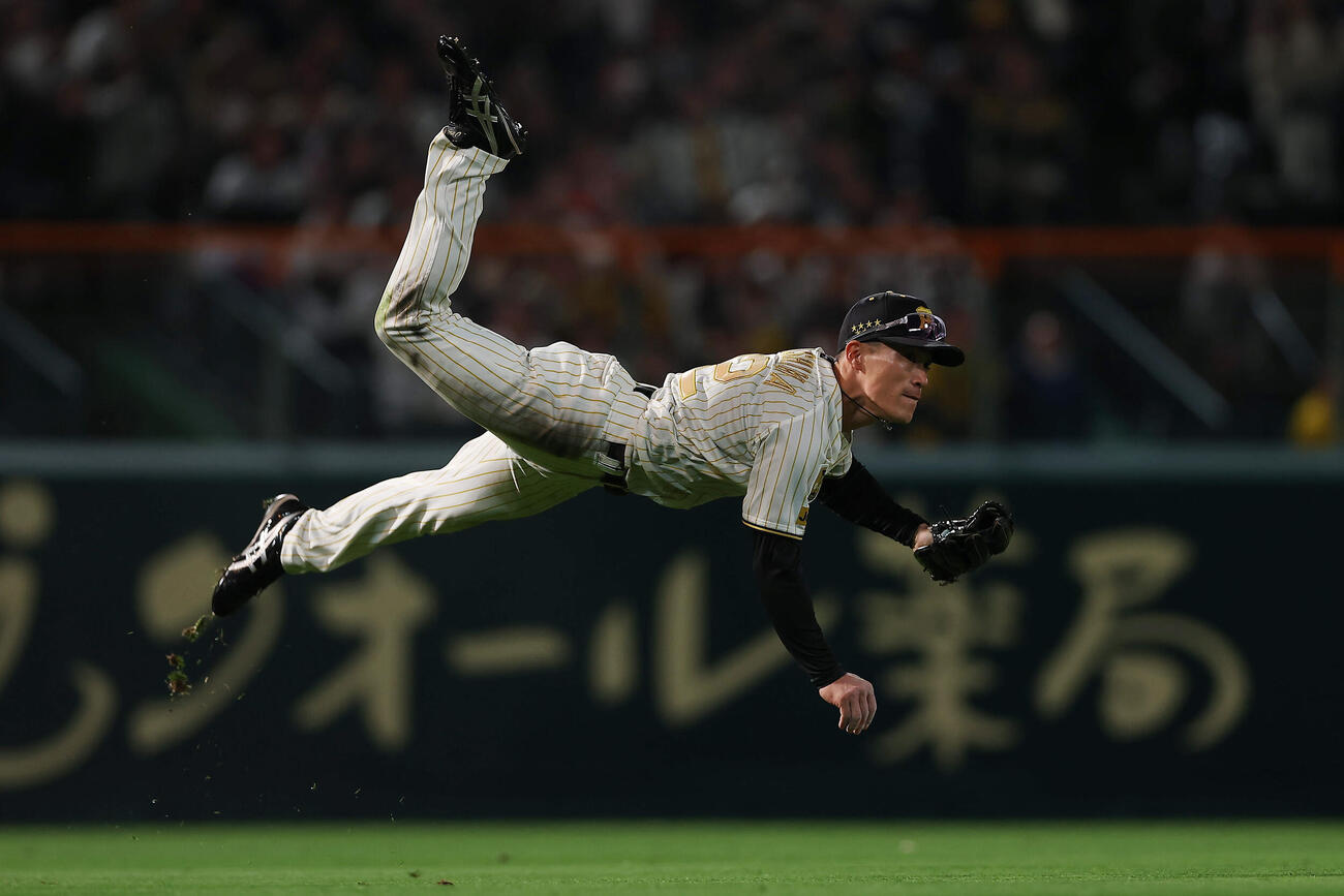 阪神対ヤクルト　6回表ヤクルト2死一、二塁、増田の左前打を本塁へ送球する福島（撮影・前田充）