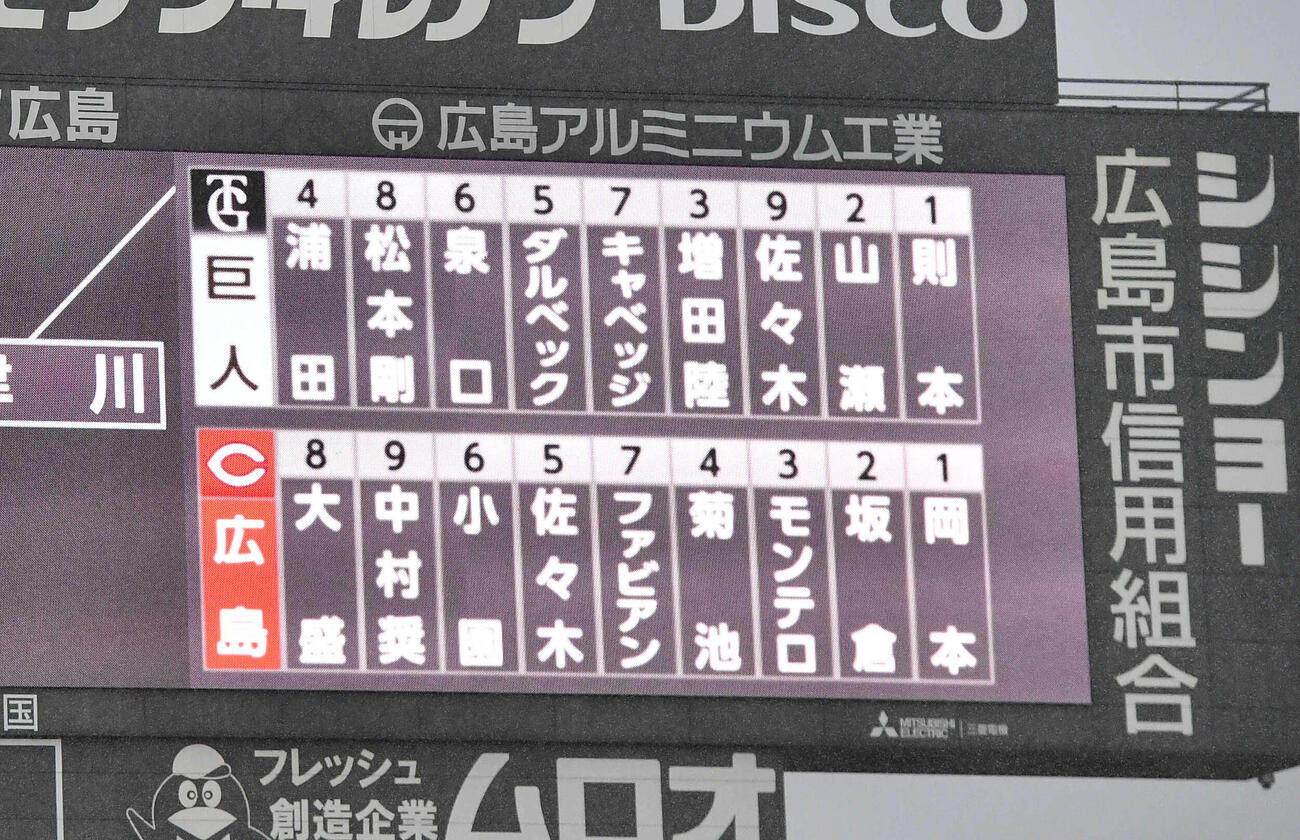 広島対巨人3回戦の先発メンバー（撮影・岩下翔太）