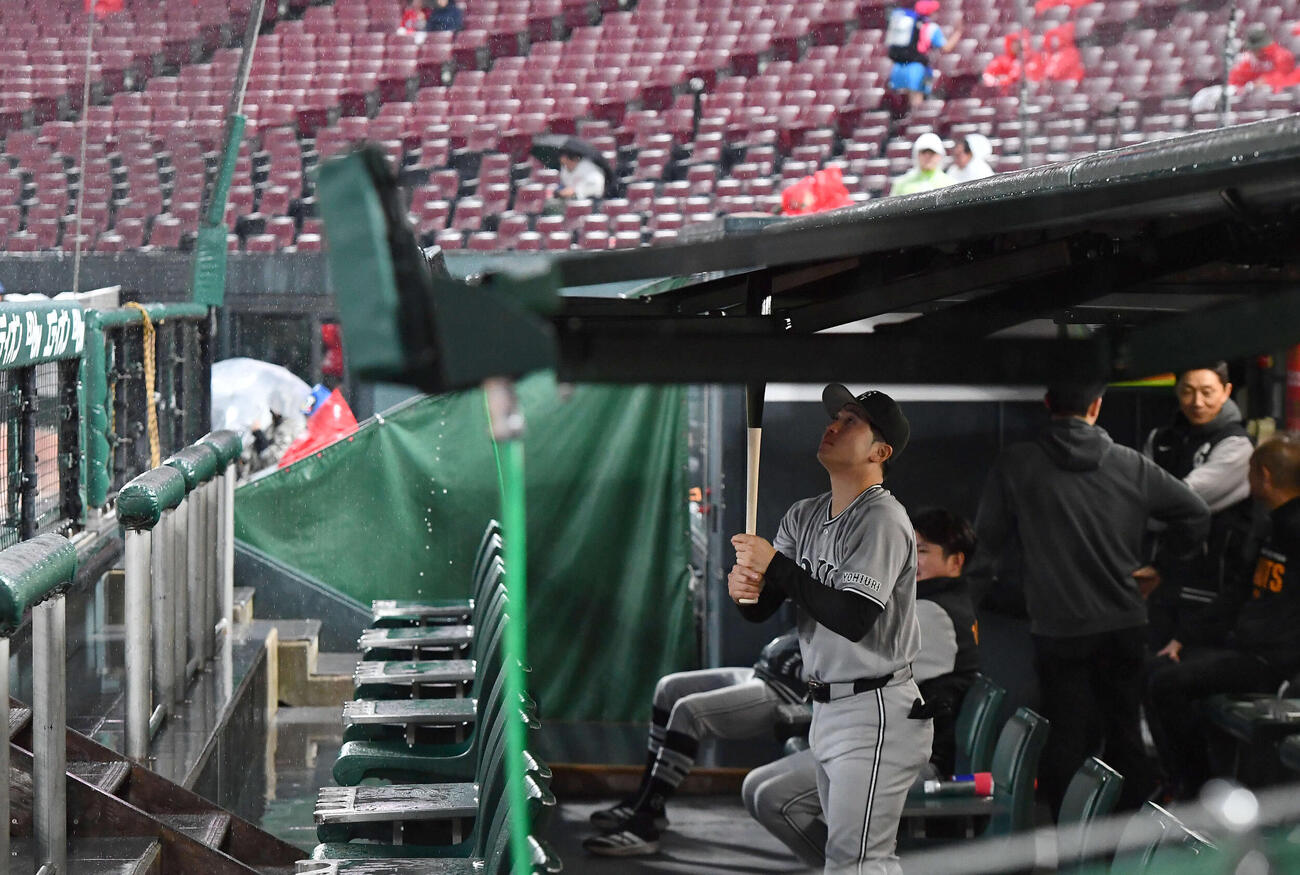 広島対巨人　雨が降る中、試合開始を待つ泉口ら巨人ナイン（撮影・岩下翔太）