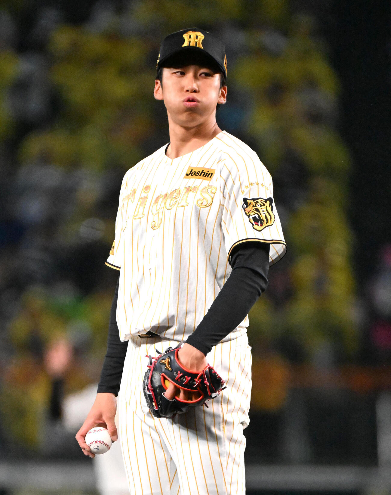 阪神対ヤクルト　2回表、投球前に口を膨らませる阪神茨木（撮影・石井愛子）