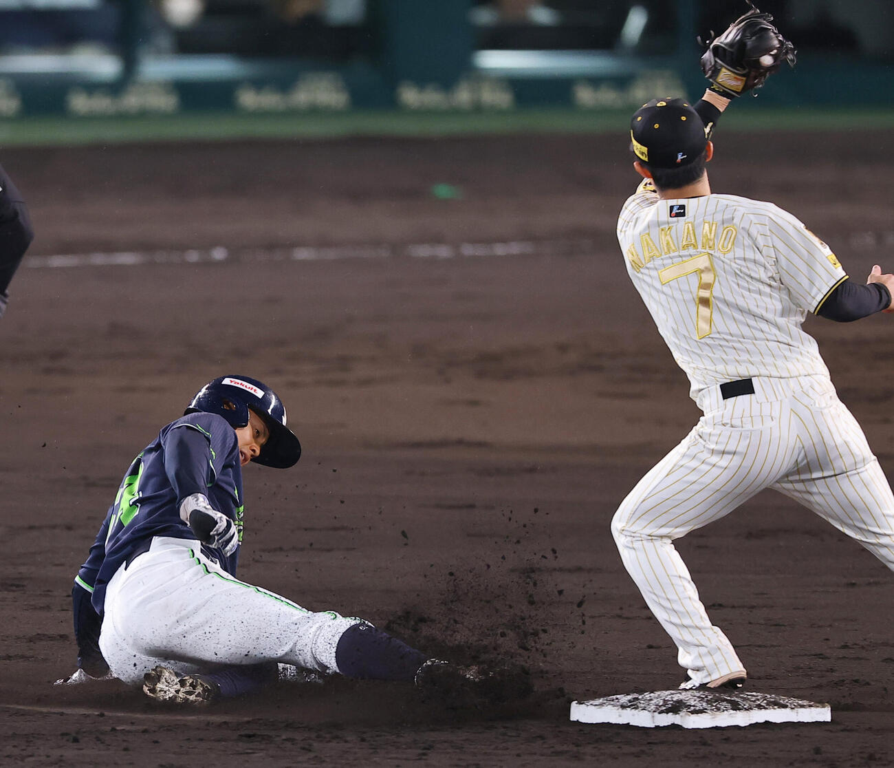 阪神対ヤクルト　4回表ヤクルト1死一塁、二盗を決める岩田（撮影・上田博志）