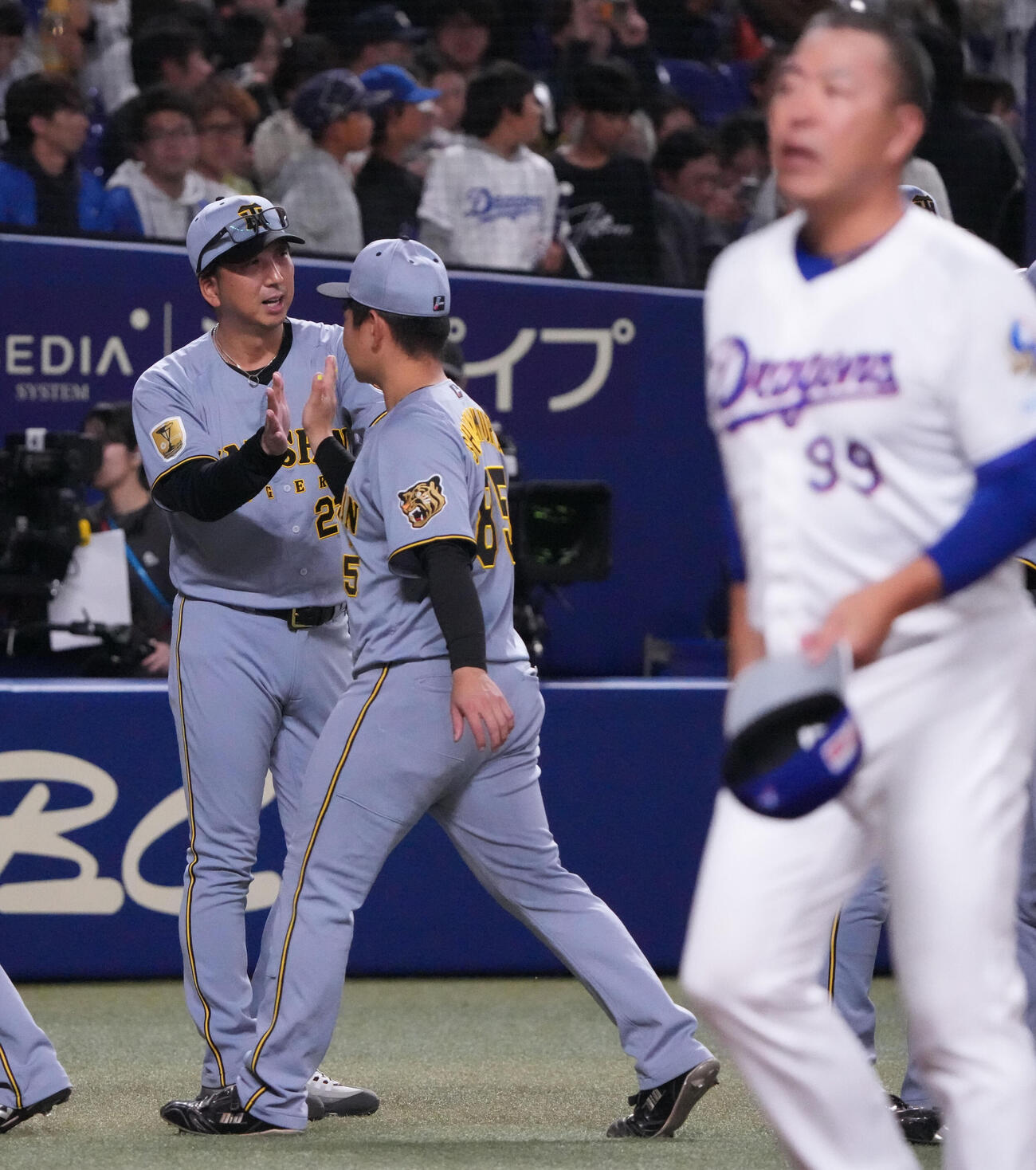 中日対阪神　試合終了、中日に勝利し藤川監督（左）はナインを迎える（撮影・森本幸一）