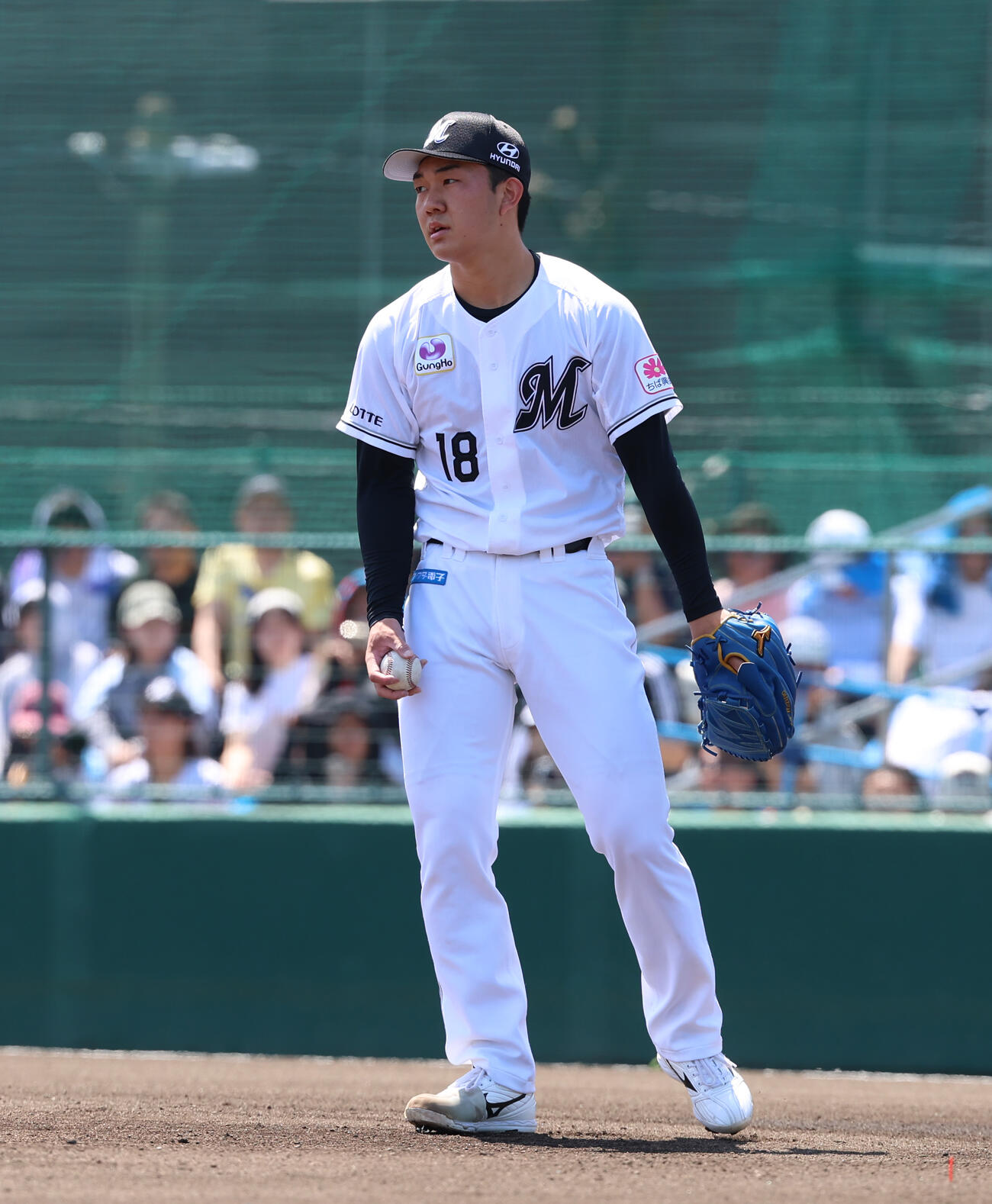 ロッテ2軍対日本ハム2軍、1回表日本ハム無死、宮崎に四球を与えガックリする石垣元（撮影・水谷安孝）