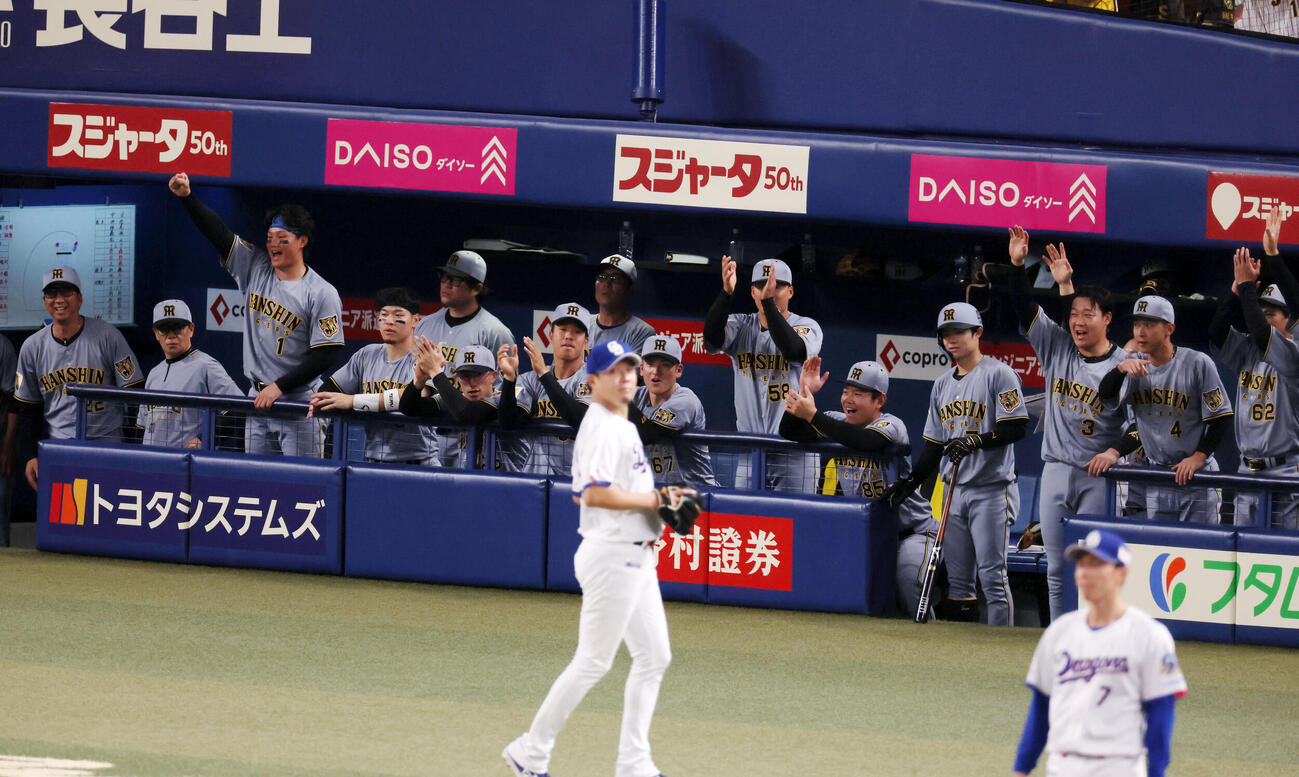 中日対阪神　4回表阪神2死一、三塁、伊原の適時打にベンチで喜ぶナイン（撮影・加藤哉）