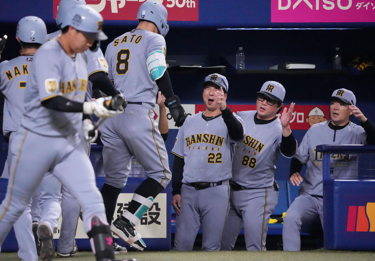 中日対阪神　7回表阪神1死一、二塁、藤川監督（右から3人目）は3点本塁打を放った佐藤を迎える（撮影・森本幸一）