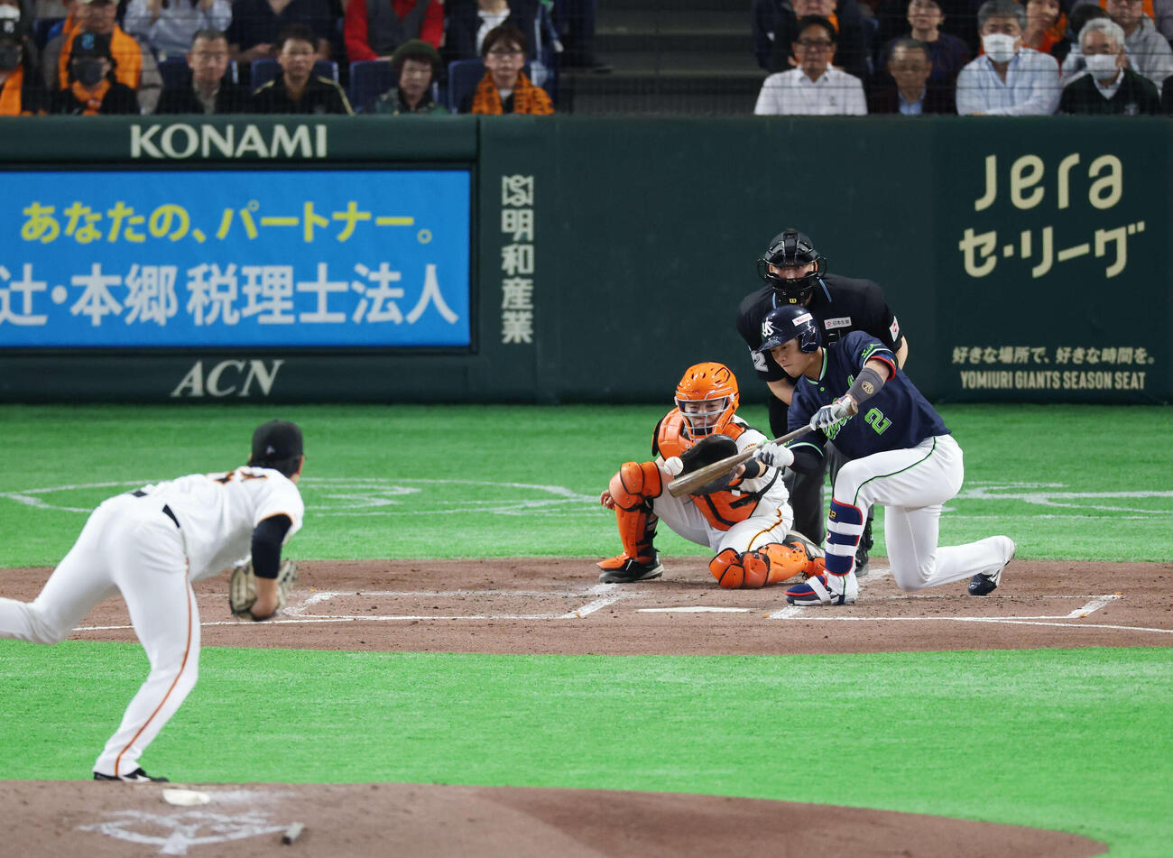 巨人対ヤクルト　3回表ヤクルト無死一、二塁、犠打を成功させる古賀。投手は井上（撮影・増田悦実）