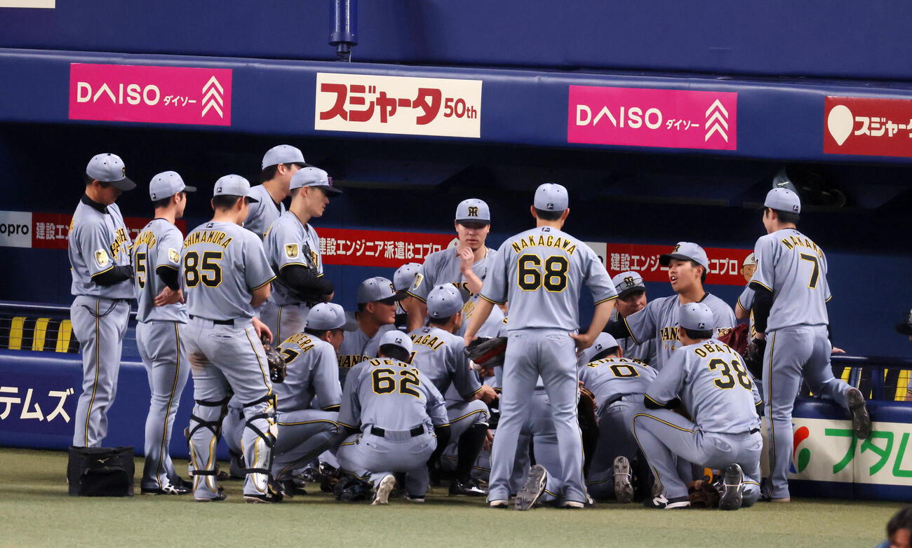 中日対阪神　試合前、円陣を組む阪神ナイン（撮影・加藤哉）