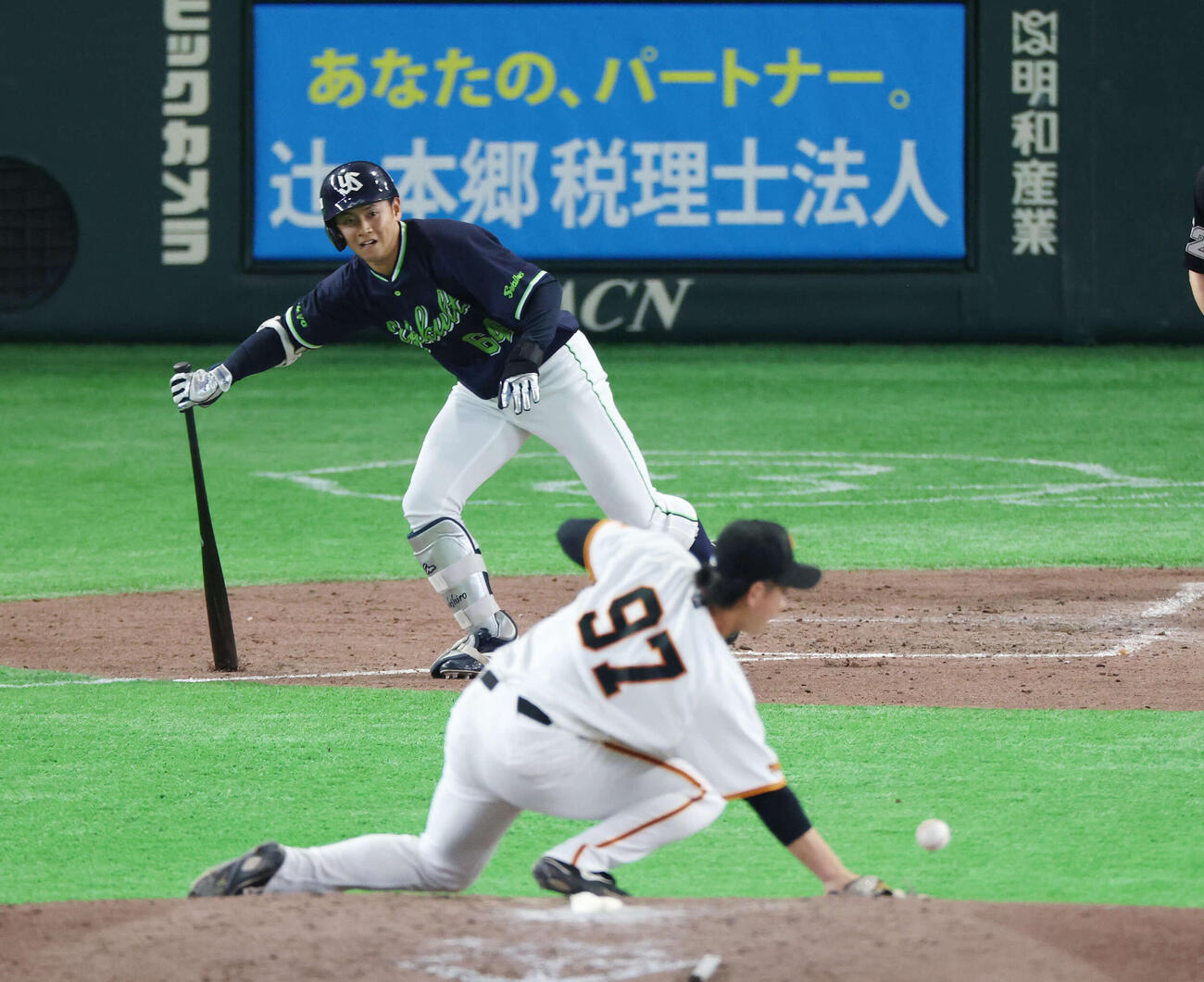 巨人対ヤクルト　5回表ヤクルト2死二、三塁、適時内野安打を放つ岩田。投手は井上（撮影・増田悦実）