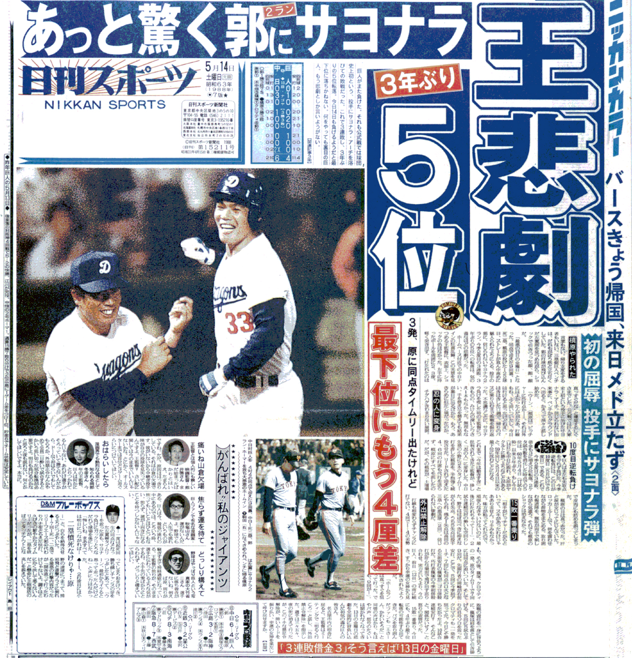 【イラスト】1988年５月14日付の日刊スポーツ１面（首都圏版）