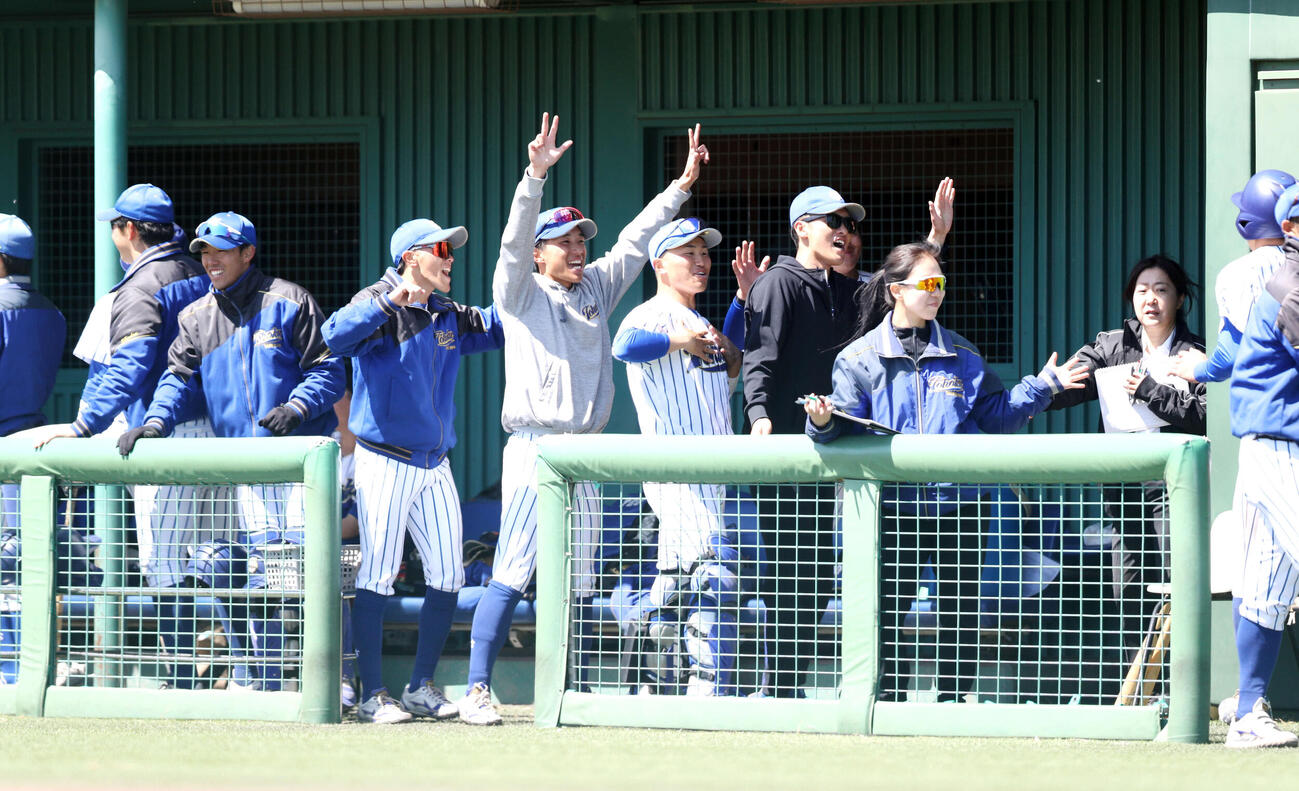 東北工大対東北学院大　4回、追加点を喜ぶ東北学院大ベンチ（撮影・木村有優）