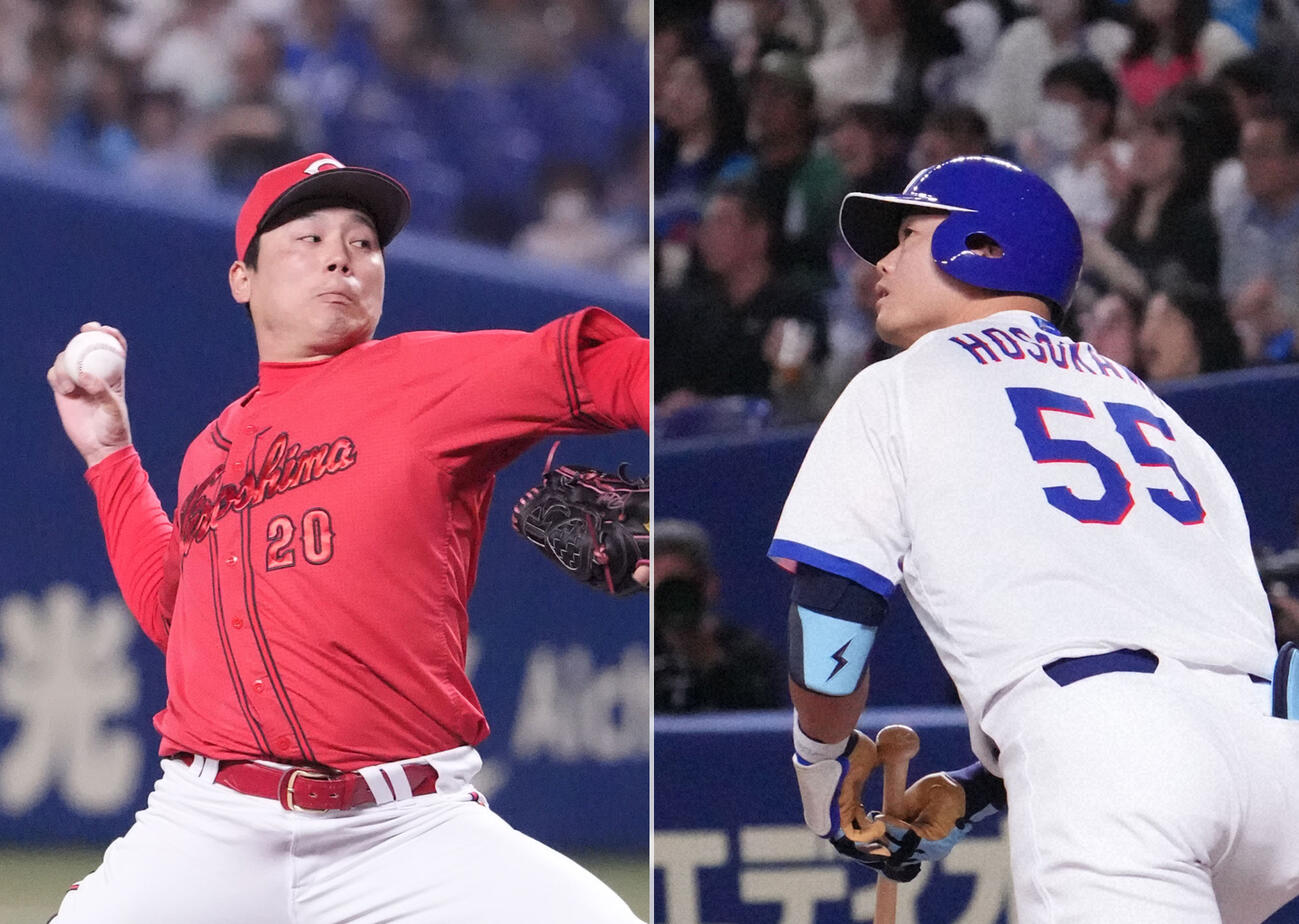 広島栗林良吏（左）と中日細川成也
