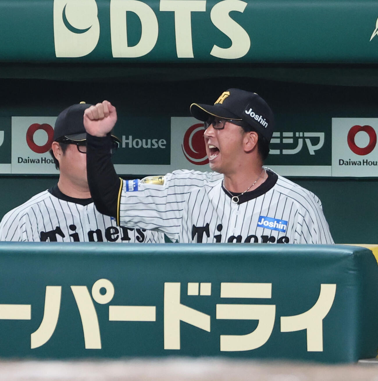 阪神対巨人　7回裏阪神2死二、三塁、代打高寺が逆転打を放ちベンチでガッツポーズする藤川監督（撮影・西尾就之）