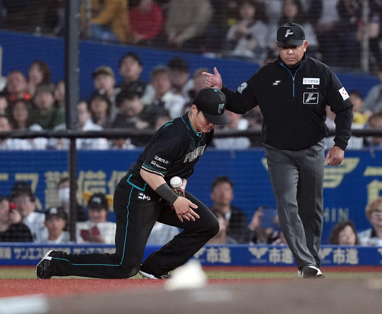 ロッテ対日本ハム　7回裏ロッテ無死、ポランコの打球をファンブルする一塁手清宮（撮影・たえ見朱実）