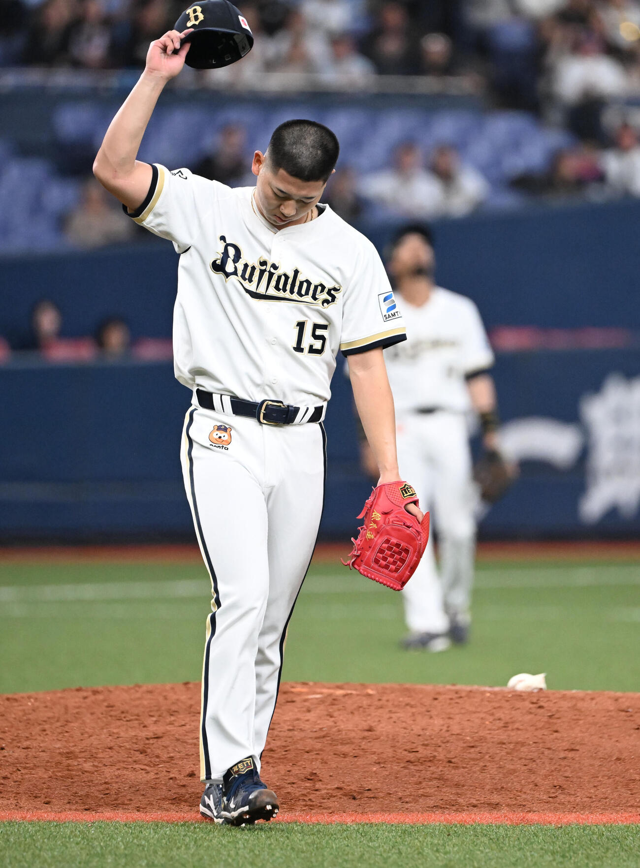 オリックス対西武　9回表西武2死、平沢を二飛に打ち取り試合終了、帽子を掲げる椋木（撮影・和賀正仁）