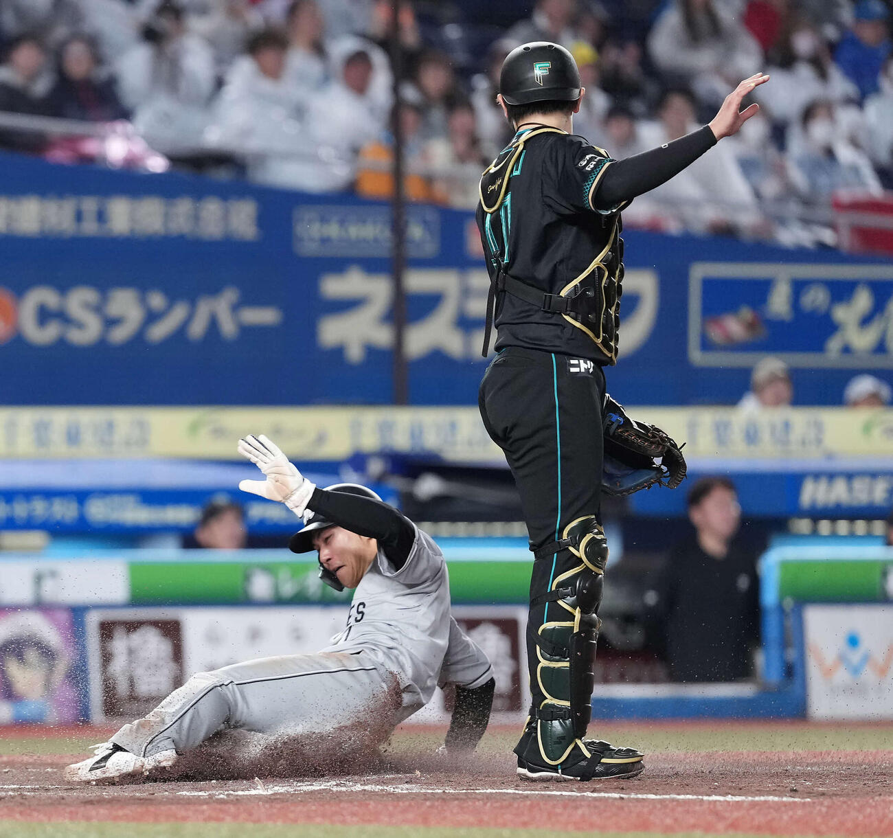 ロッテ対日本ハム　4回裏ロッテ2死一塁、西川の二塁打で生還する藤原（撮影・たえ見朱実）