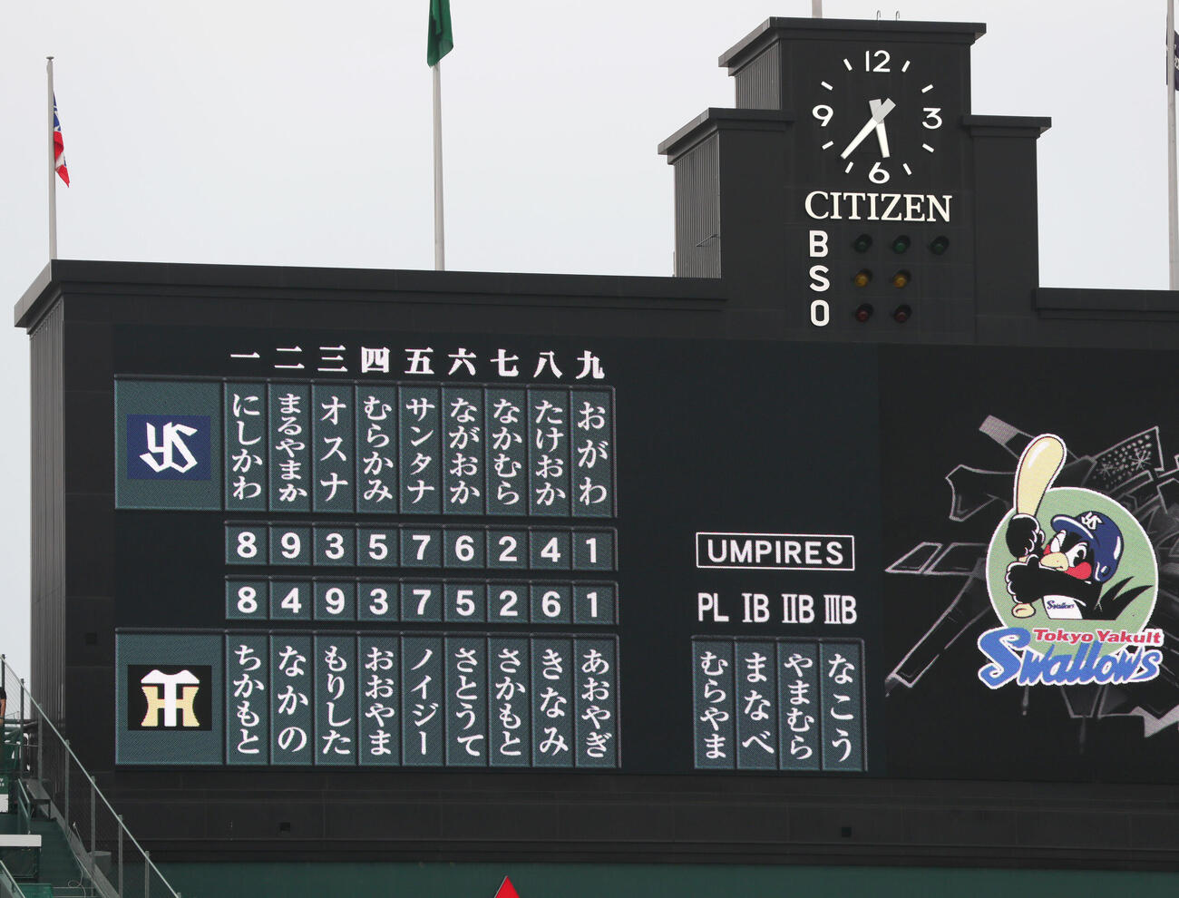 大型ビジョンにひらがな表示で紹介される両チームのスタメン（2024年4月撮影）