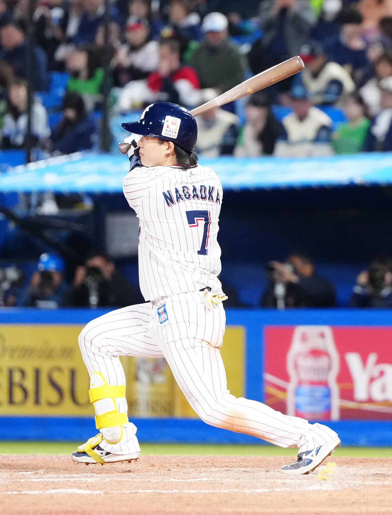 ヤクルト対DeNA 7回裏ヤクルト無死、右前打を放つ長岡（撮影・江口和貴）