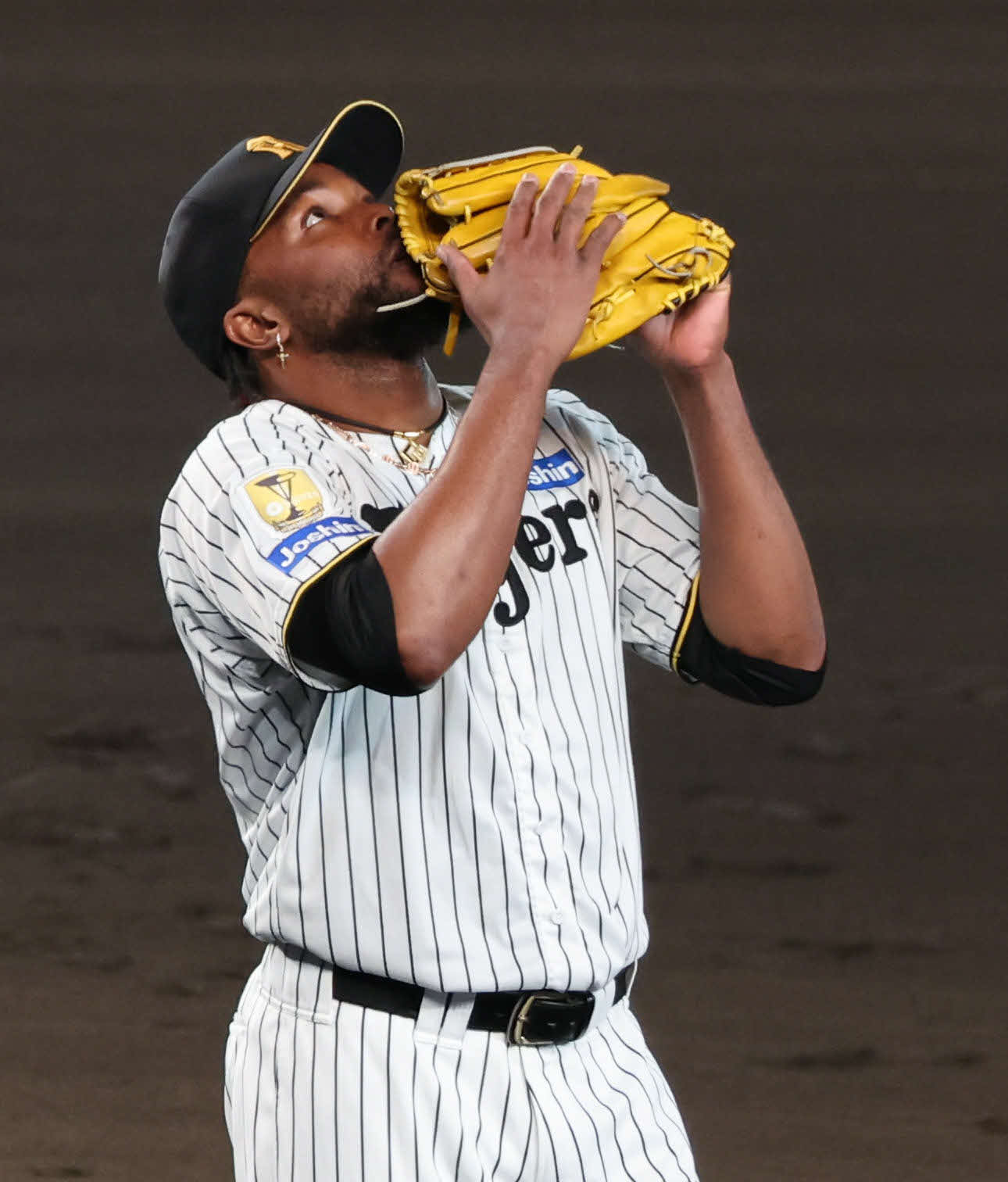 阪神対巨人　8回に登板し3三振を奪った阪神ドリスは空を見上げて祈る（撮影・西尾就之）