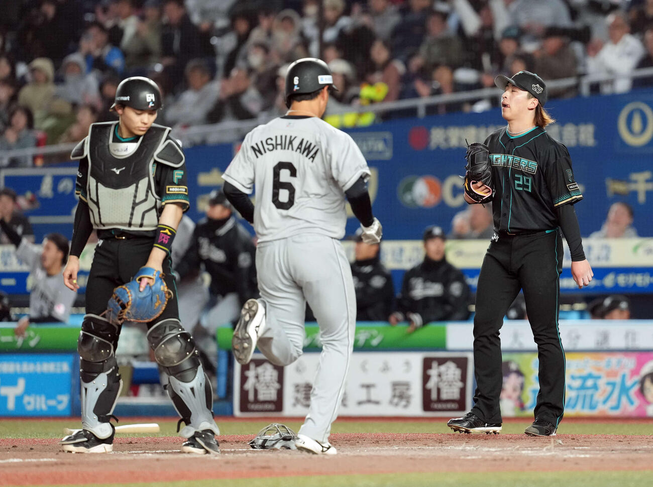ロッテ対日本ハム　3回裏、ロッテに勝ち越しを許し顔をしかめる細野（右）（撮影・たえ見朱実）