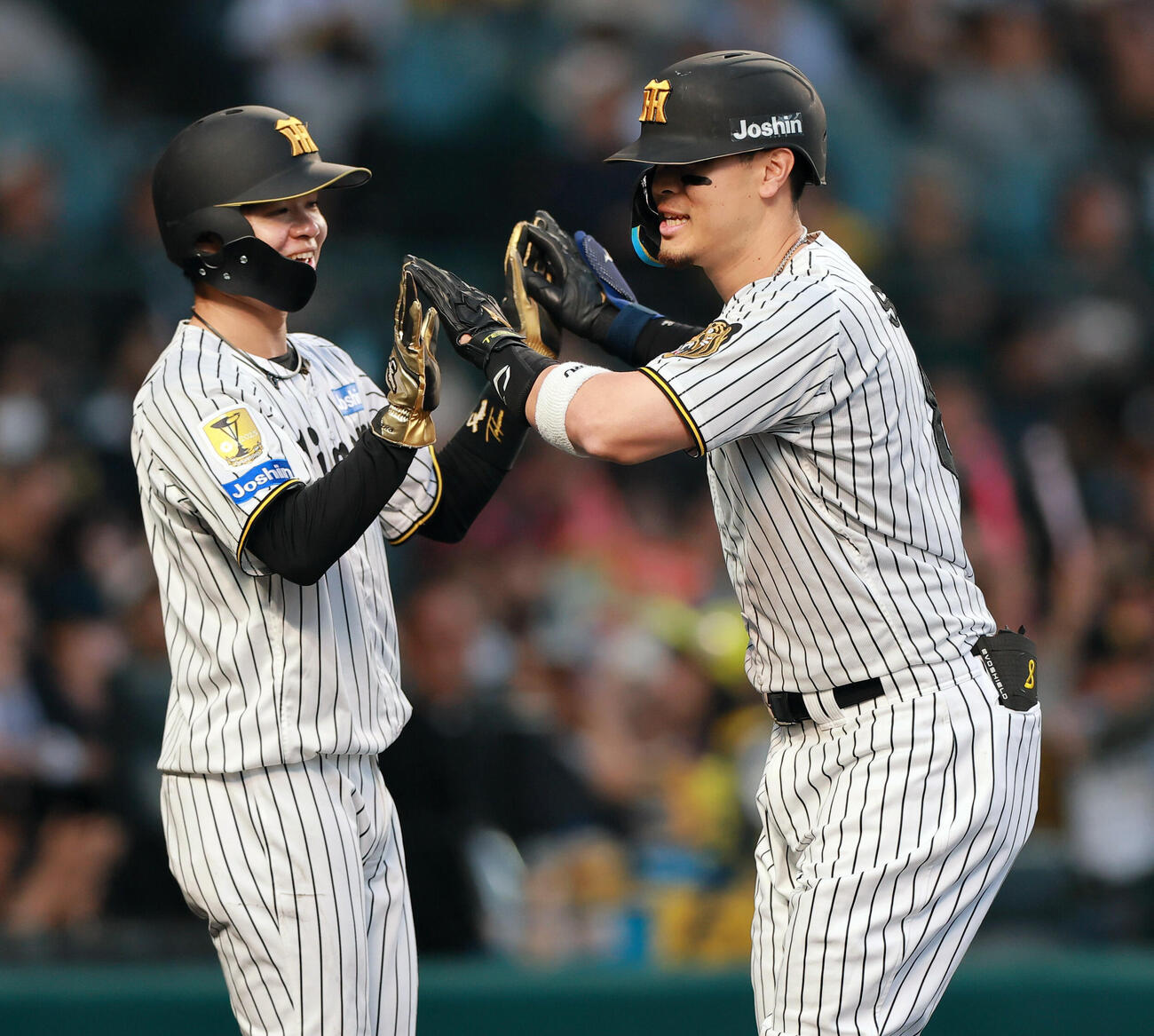 阪神対巨人　1回裏阪神2死一塁、佐藤（右）は2点本塁打を放ち一走中野とタッチをかわす（撮影・上山淳一）