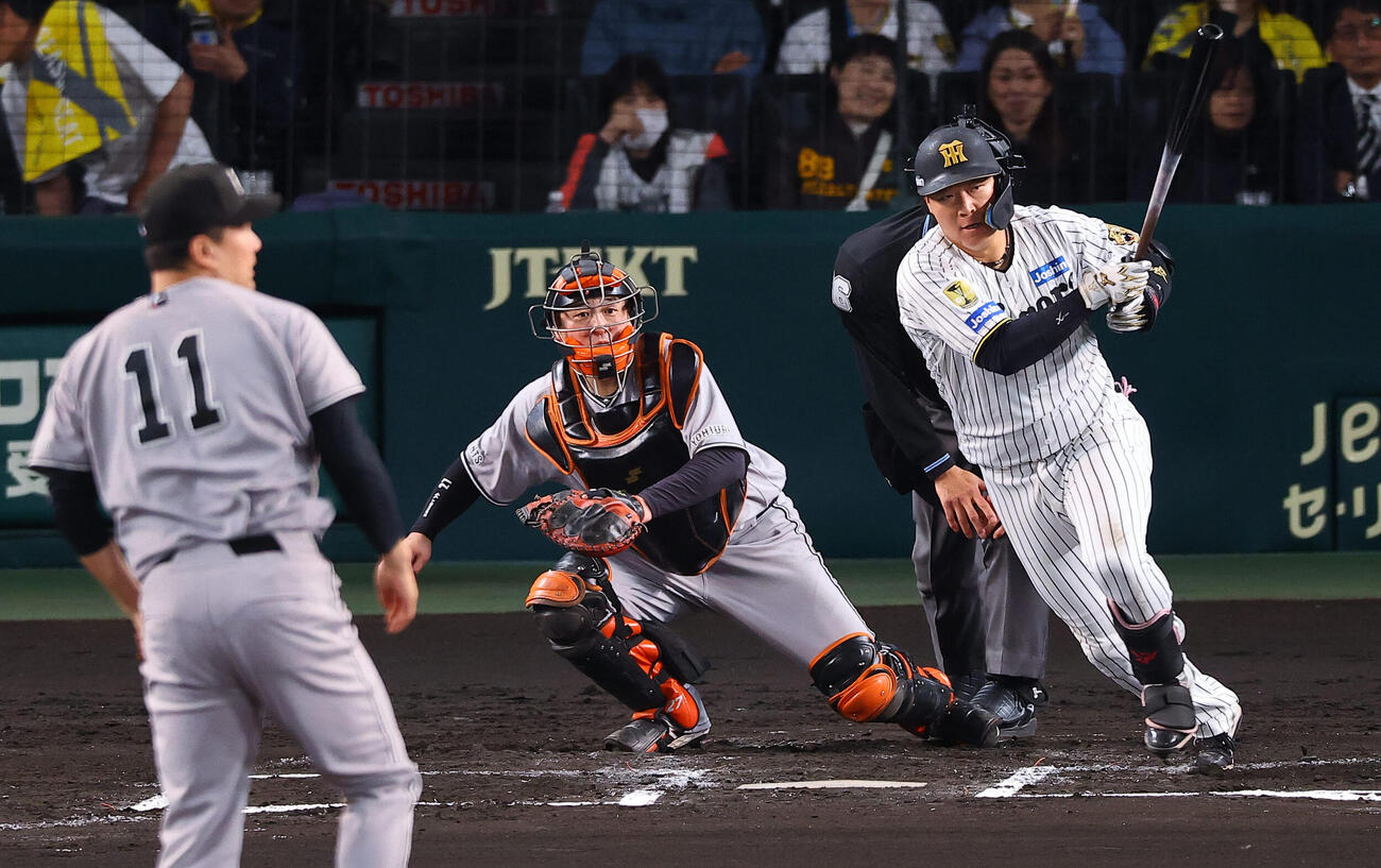 阪神対巨人　6回裏阪神1死、大山は安打を放つ（撮影・上田博志）