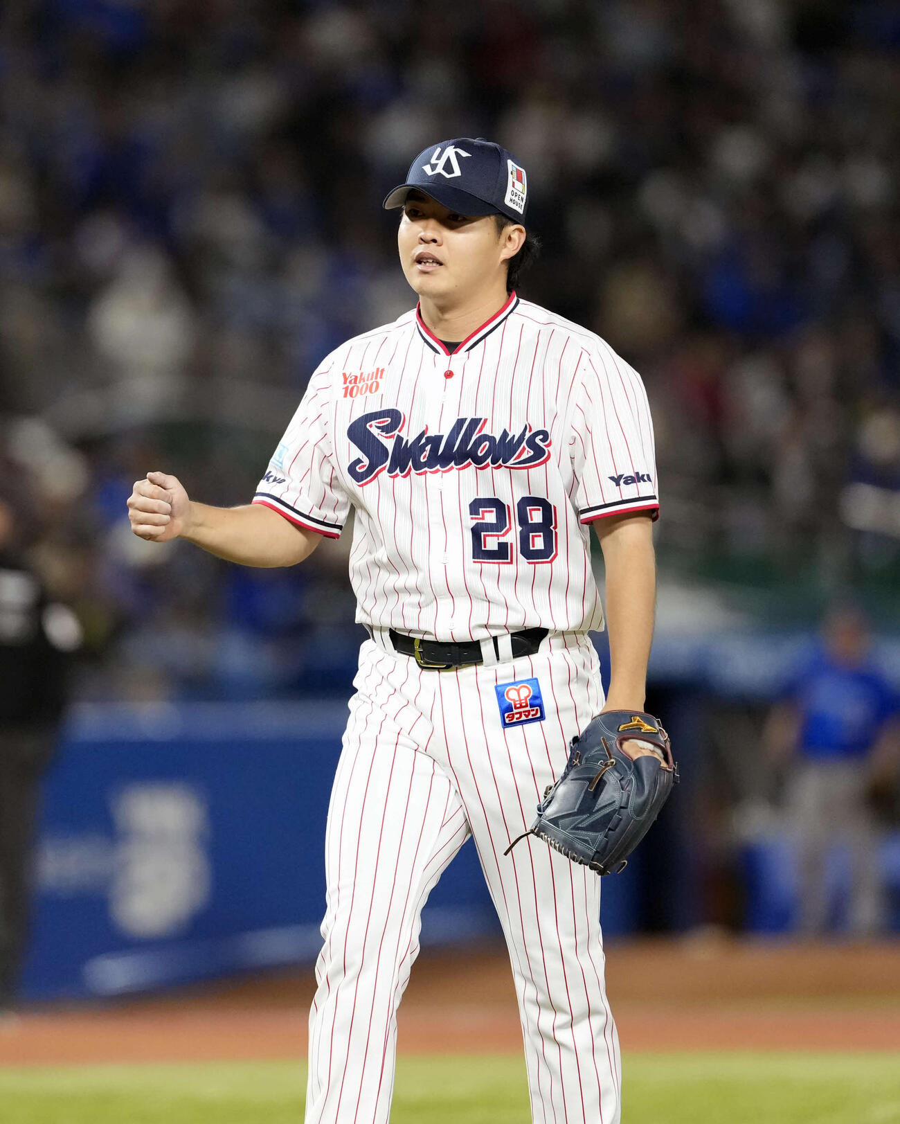 ヤクルト対DeNA 6回表DeNA2死一、二塁、宮崎を遊ゴロに仕留めガッツポーズをする松本健（撮影・小島史椰）