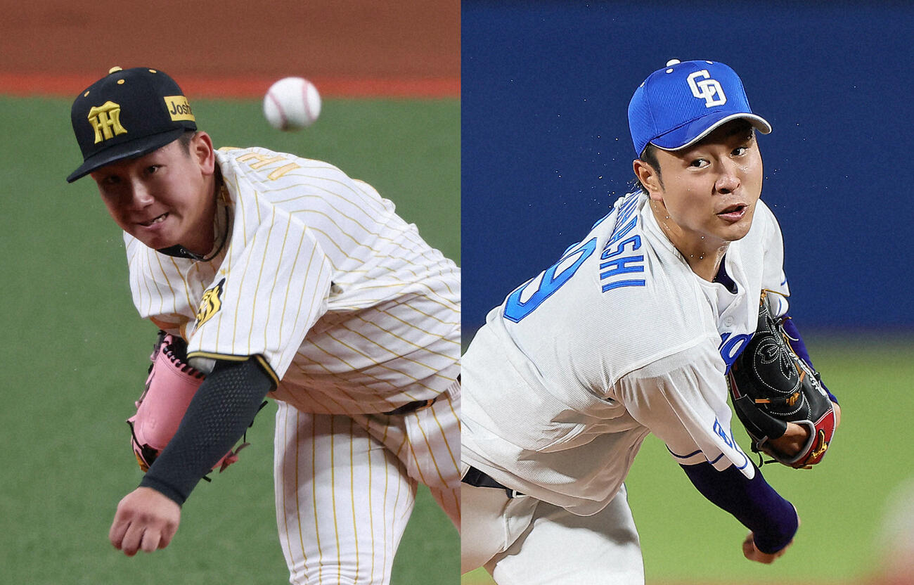 阪神伊原陵人（左）と中日高橋宏斗