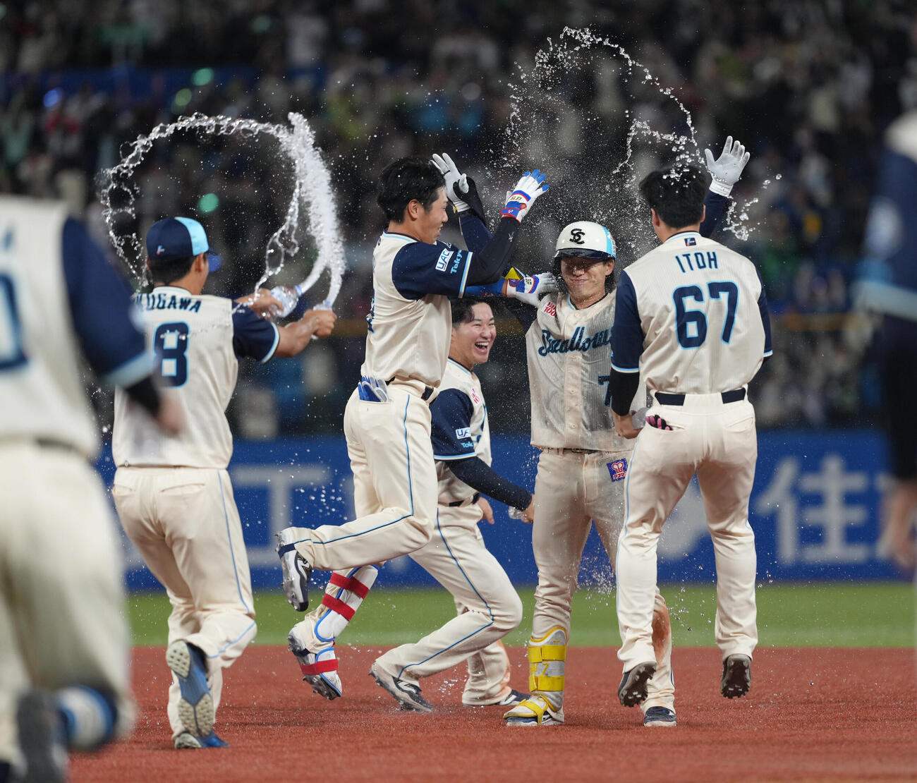 ヤクルト対巨人　9回裏ヤクルト1死三塁、長岡（右から2人目）はサヨナラ打を放ち祝福される（撮影・足立雅史）